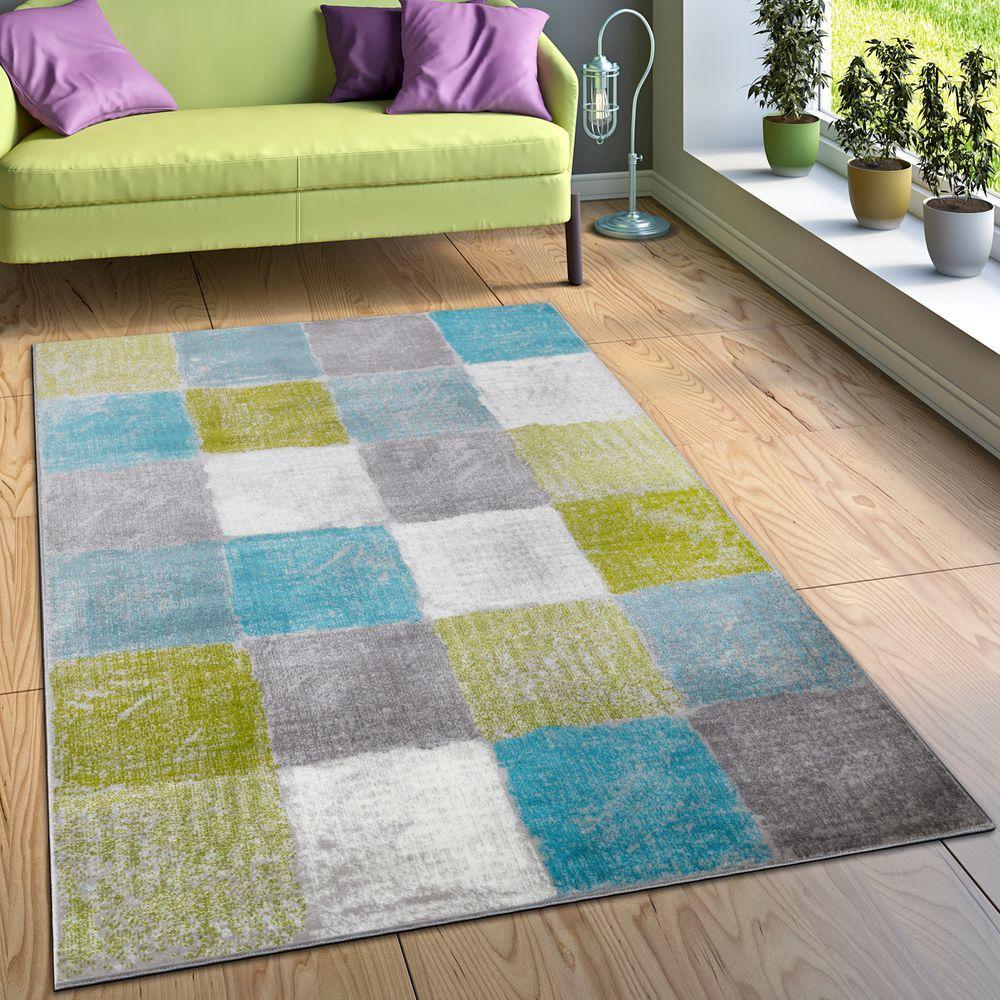 Living Room Rug Designer Striking Colour Combination Check Turquoise Green Grey - RugYourHome