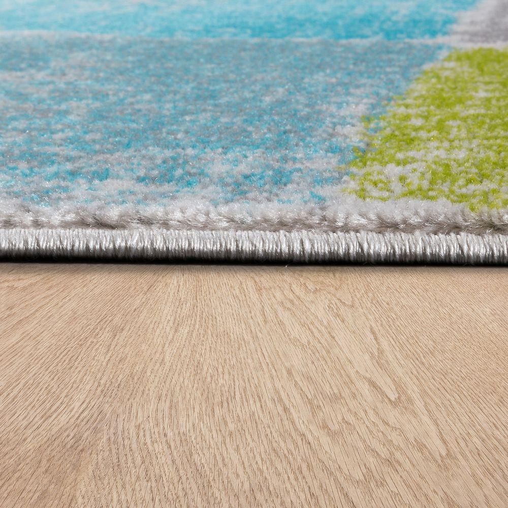Living Room Rug Designer Striking Colour Combination Check Turquoise Green Grey - RugYourHome