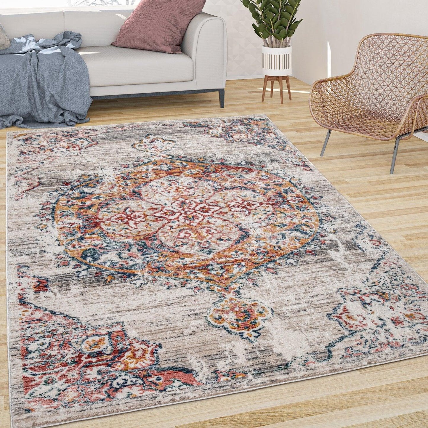Modern Vintage Rug Oriental Look Abstract Beige Grey Orange - RugYourHome