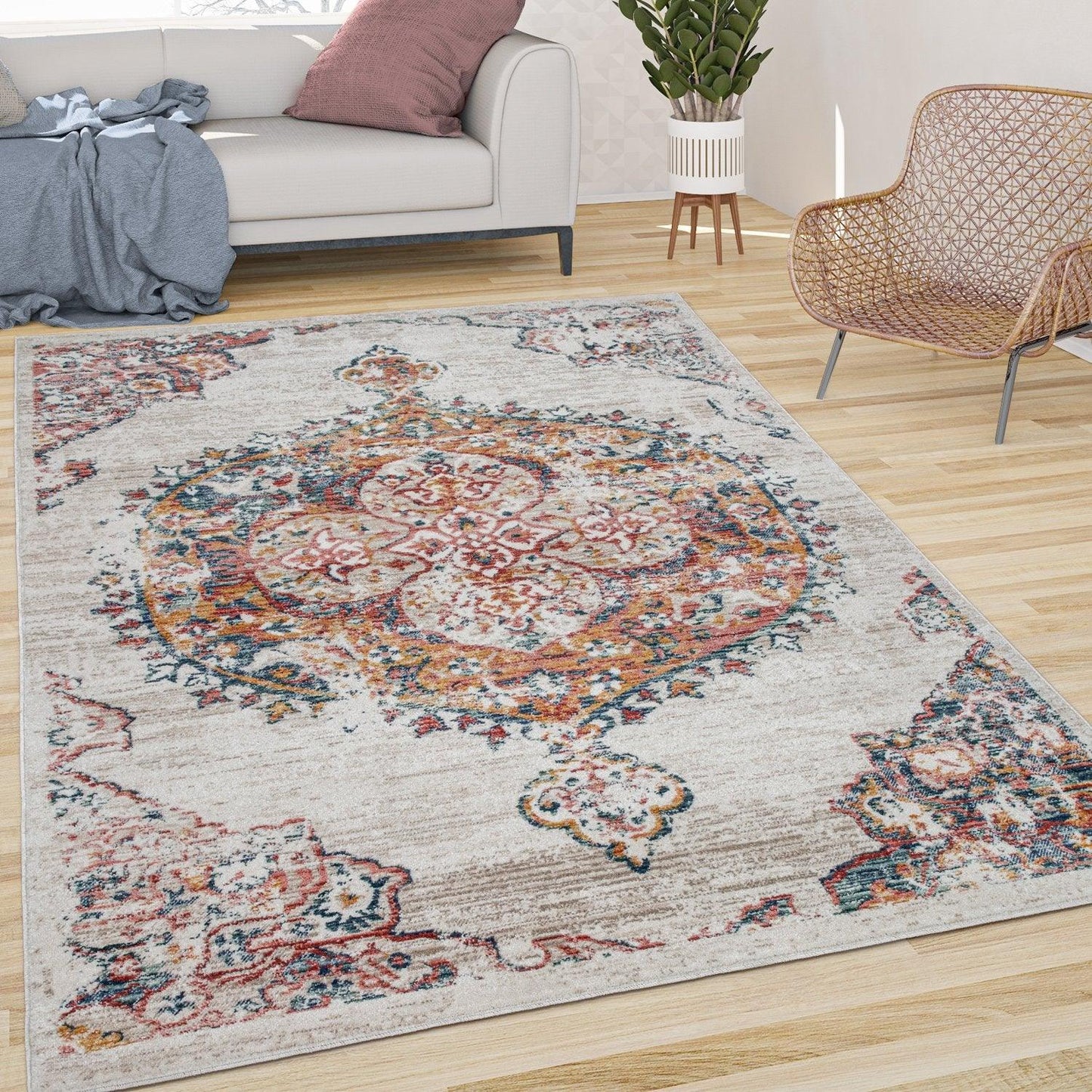 Modern Vintage Rug Oriental Look Abstract Beige Yellow Blue - RugYourHome