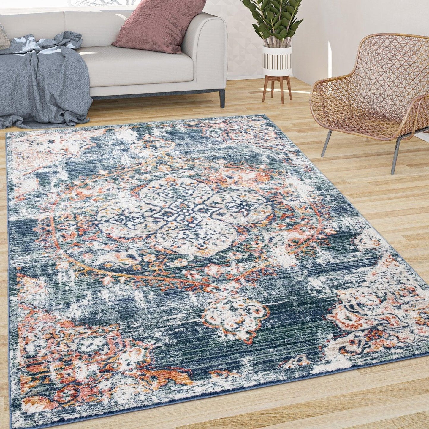 Modern Vintage Rug Oriental Look Abstract Blue Beige Red - RugYourHome