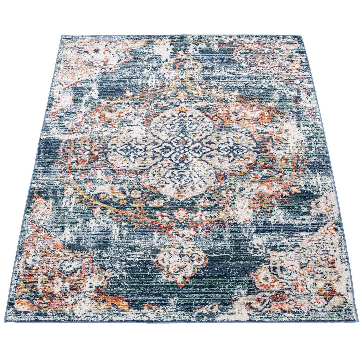 Modern Vintage Rug Oriental Look Abstract Blue Beige Red - RugYourHome