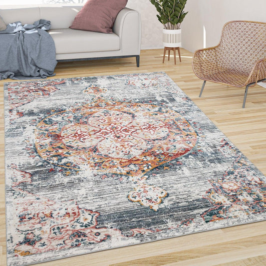Modern Vintage Rug Oriental Look Abstract Grey Red White - RugYourHome