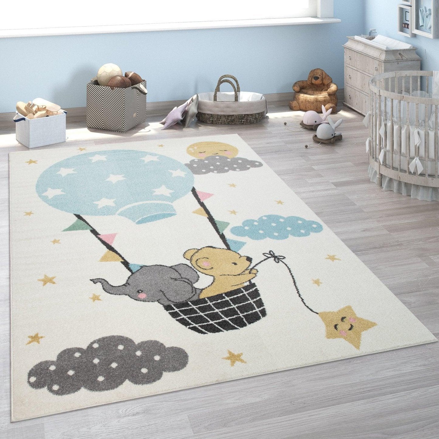 Nursery Rug For Kids, Elephant & Bear in Balloon in Cream - RugYourHome