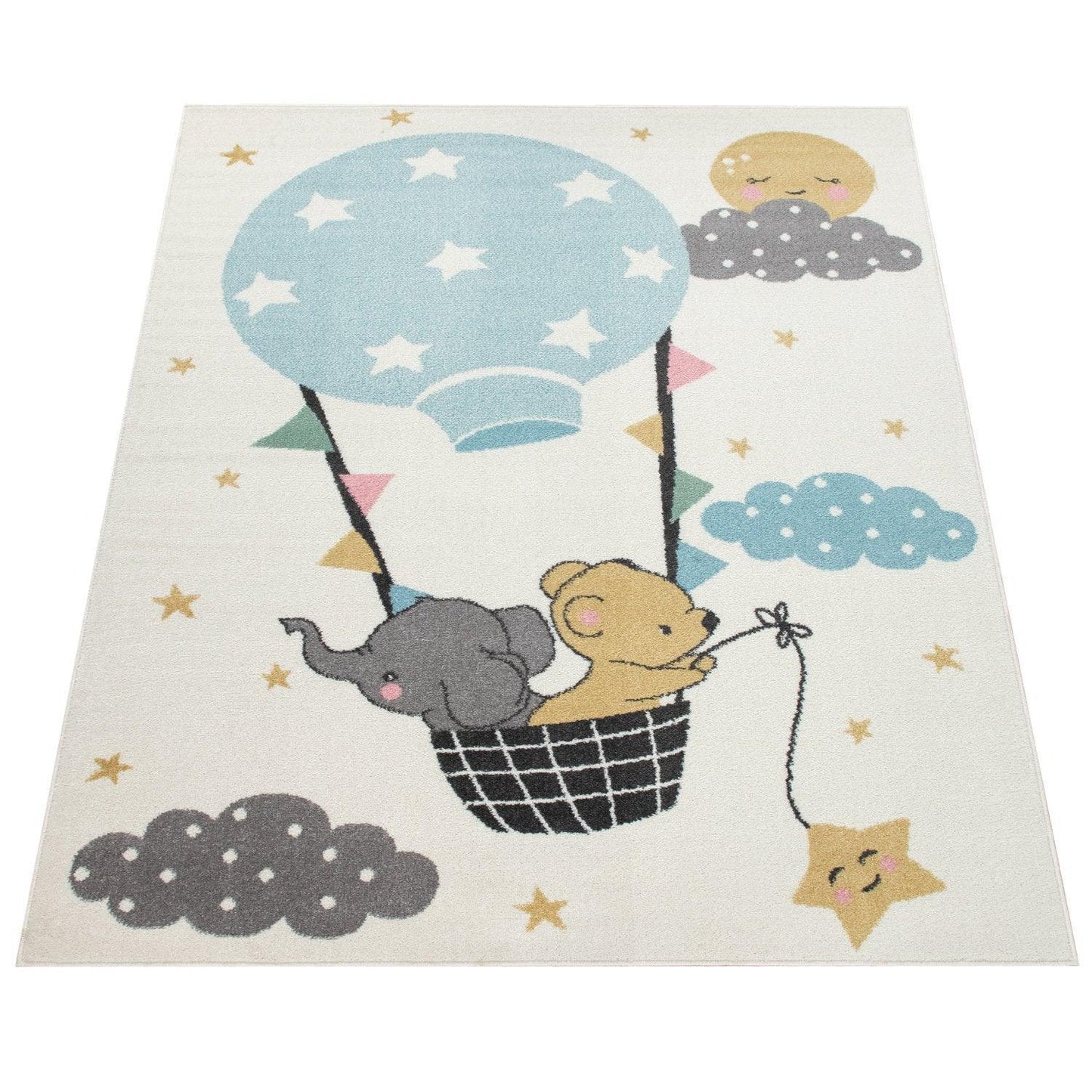 Nursery Rug For Kids, Elephant & Bear in Balloon in Cream - RugYourHome