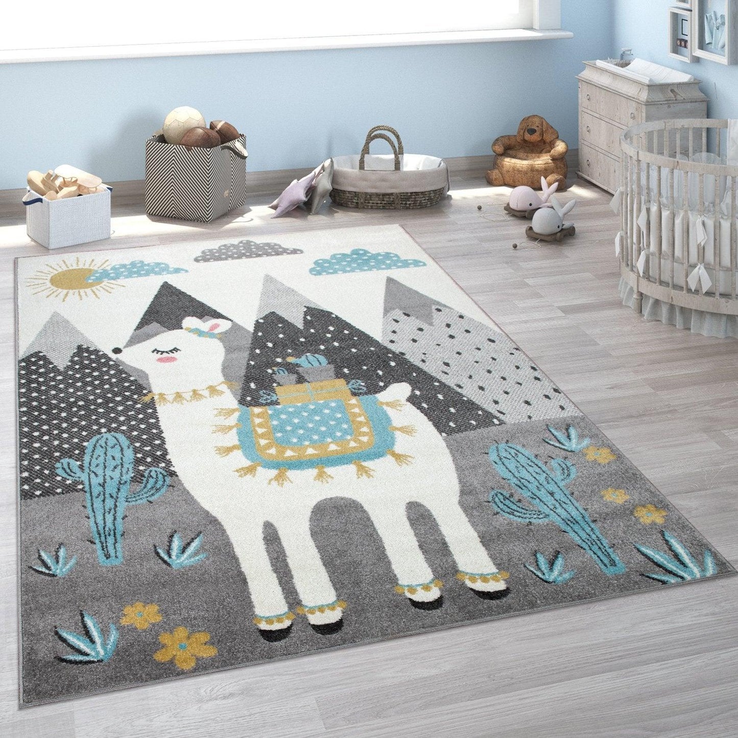 Nursery Rug For Kids Llama, Mountains in Grey Blue Cream - RugYourHome