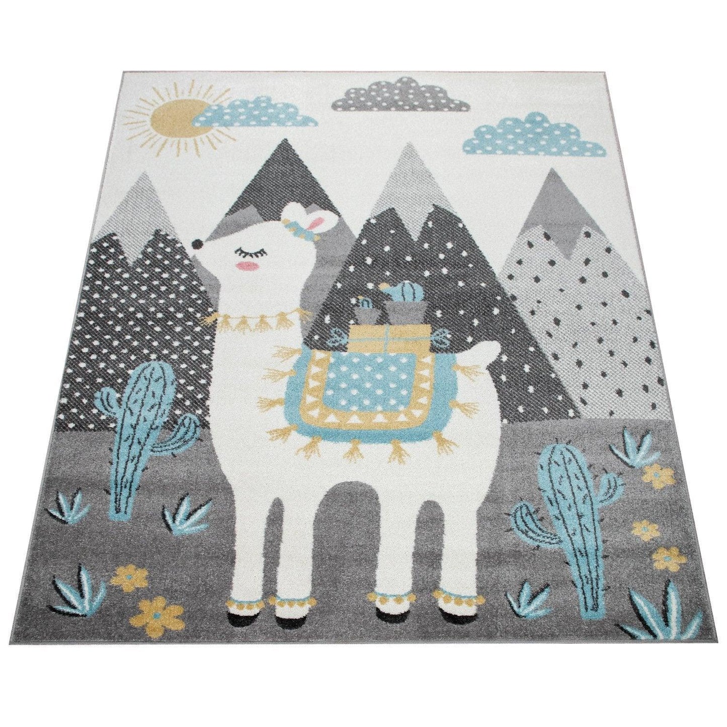 Nursery Rug For Kids Llama, Mountains in Grey Blue Cream - RugYourHome