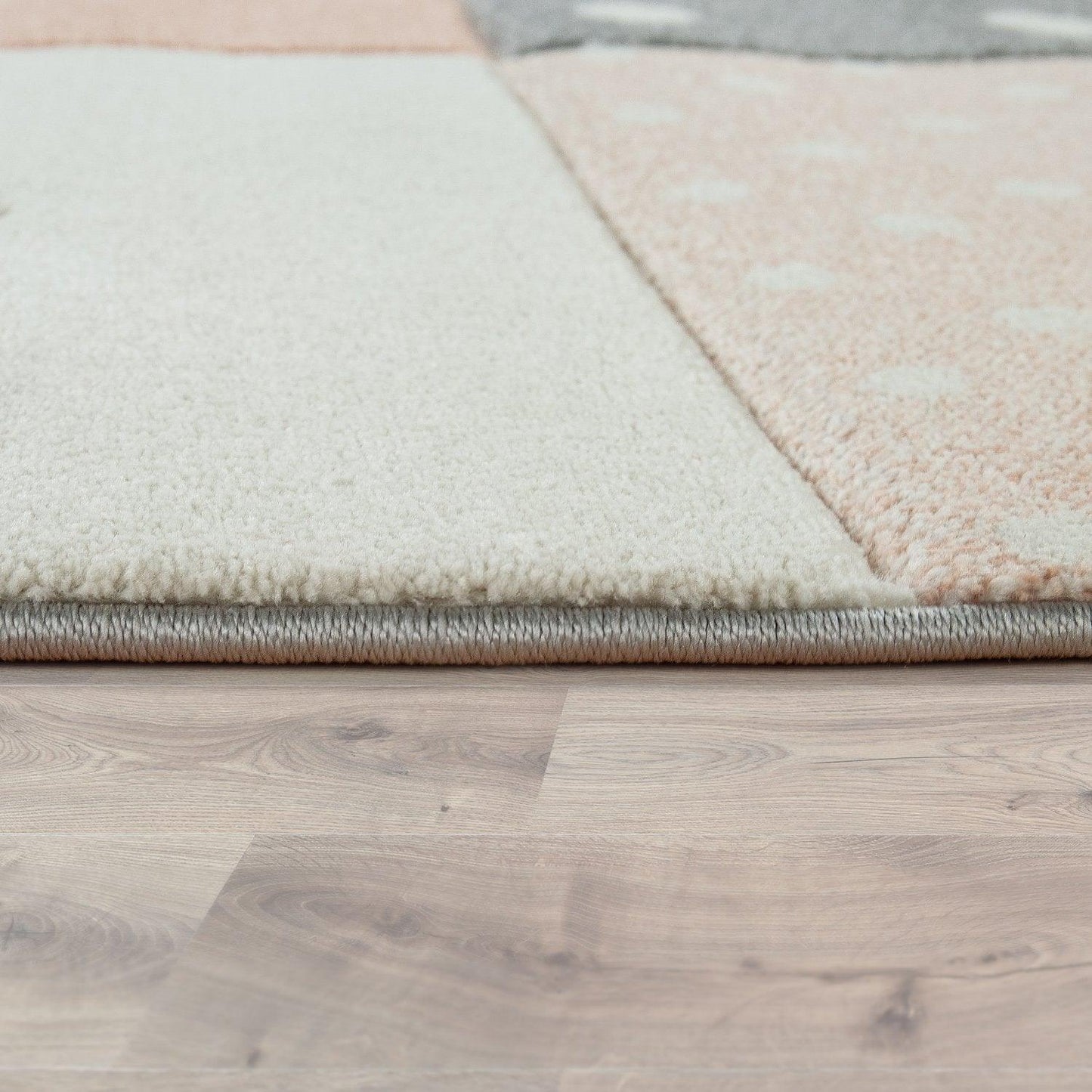 Nursery Rug Kids Checked Dots Hearts Stars in Pastel Apricot Grey - RugYourHome