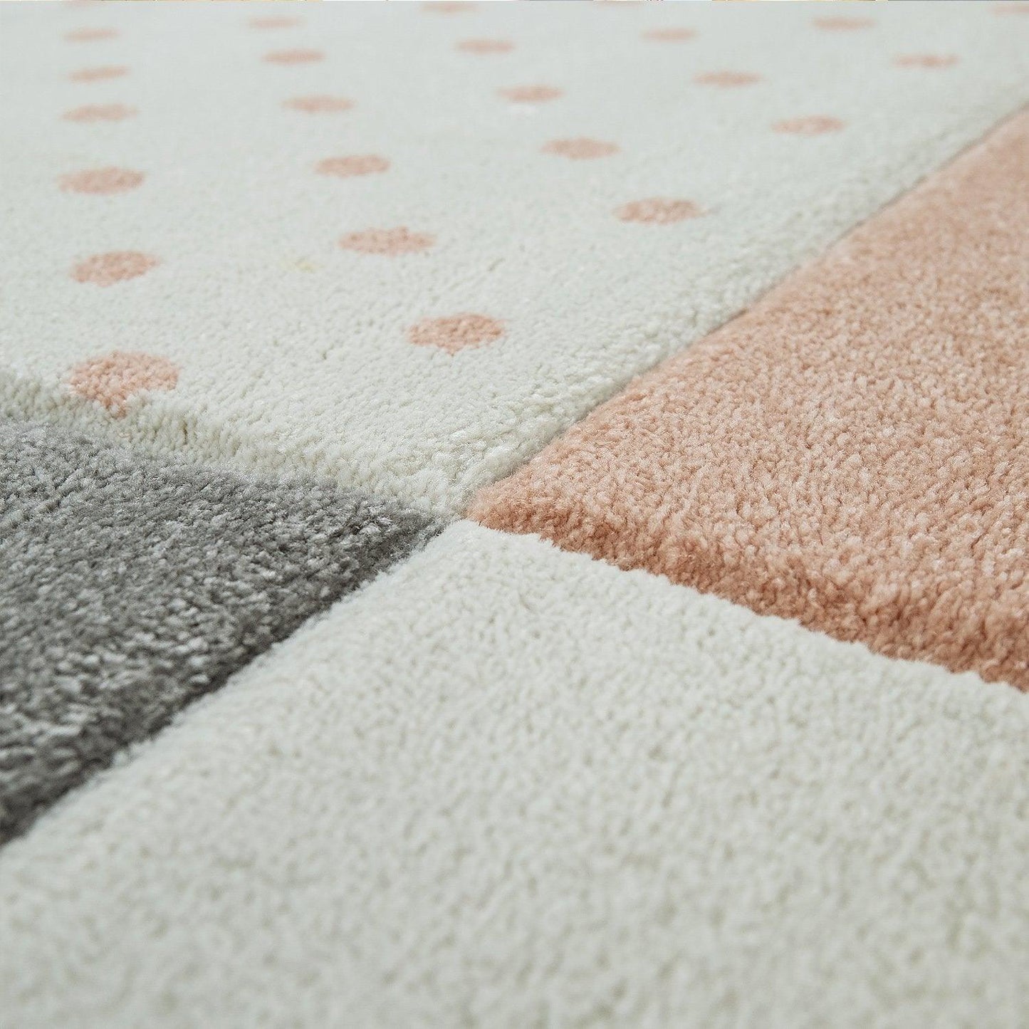 Nursery Rug Kids Checked Dots Hearts Stars in Pastel Apricot Grey - RugYourHome