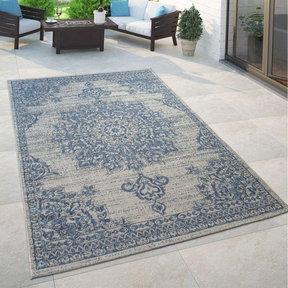 Outdoor Rug Blue Beige Oriental Design Floral Pattern Balcony Living Room - RugYourHome