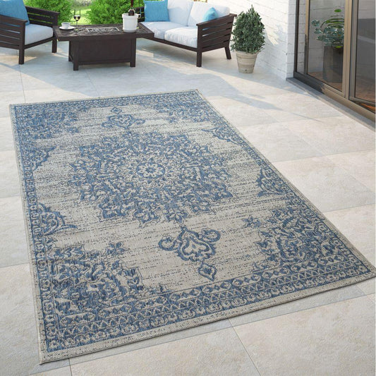 Outdoor Rug Blue Beige Oriental Design Floral Pattern Balcony Living Room - RugYourHome
