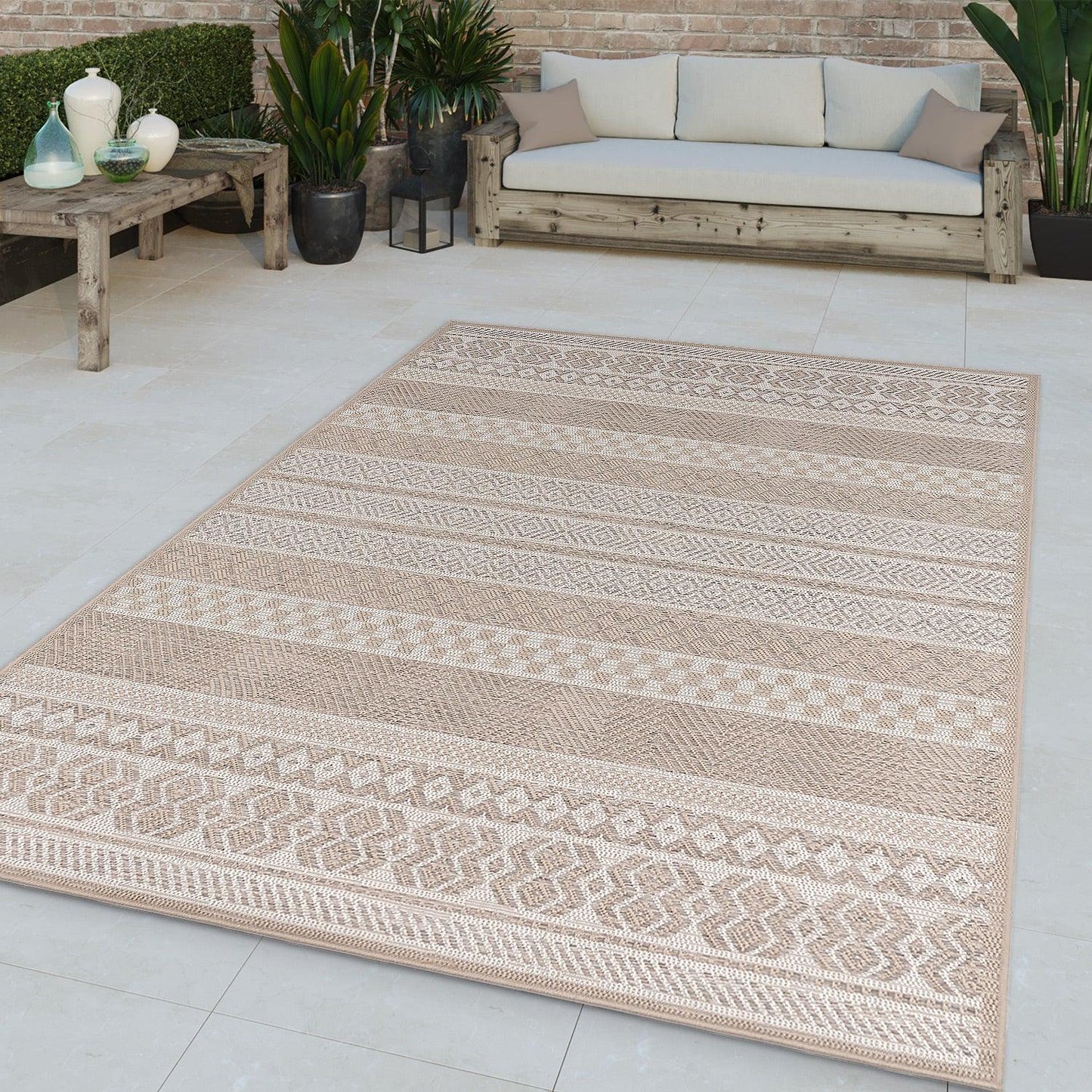 Outdoor Rug for Patio or Balcony Modern flatweave Boho ornaments in Cream Beige - RugYourHome