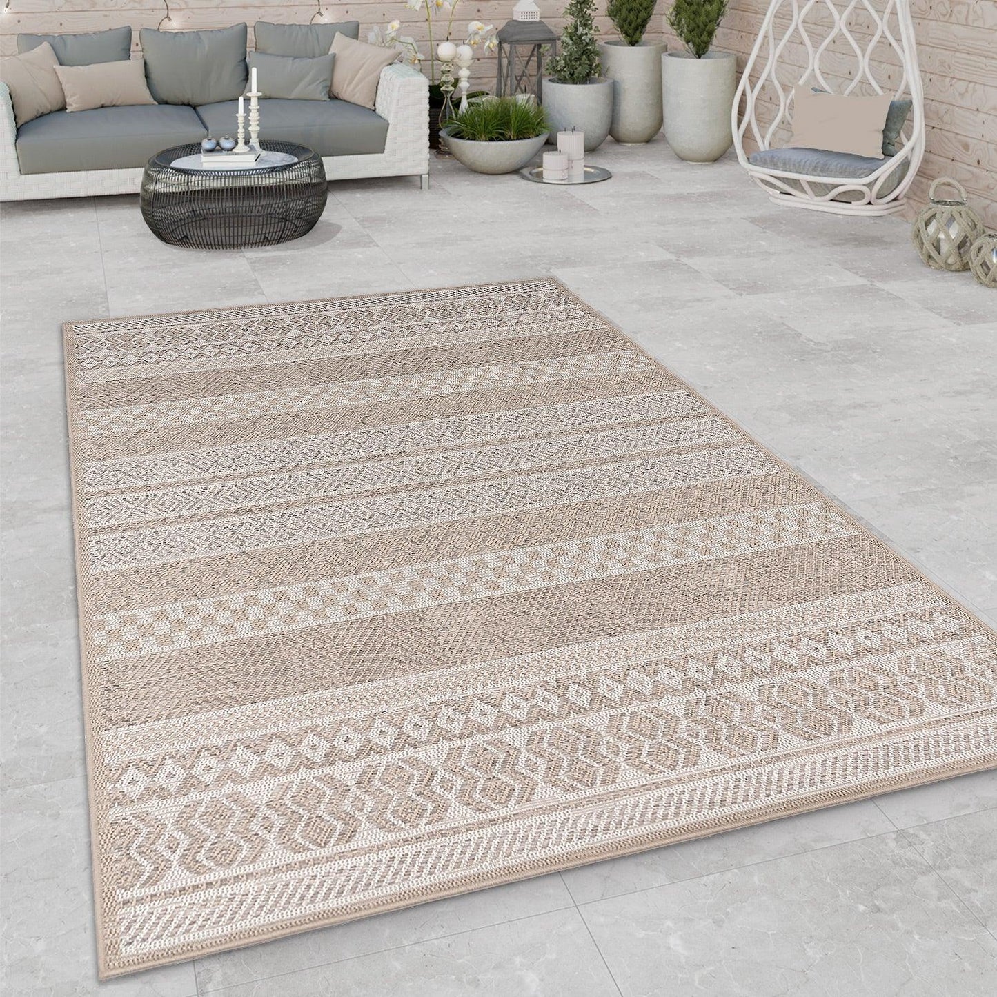 Outdoor Rug for Patio or Balcony Modern flatweave Boho ornaments in Cream Beige - RugYourHome