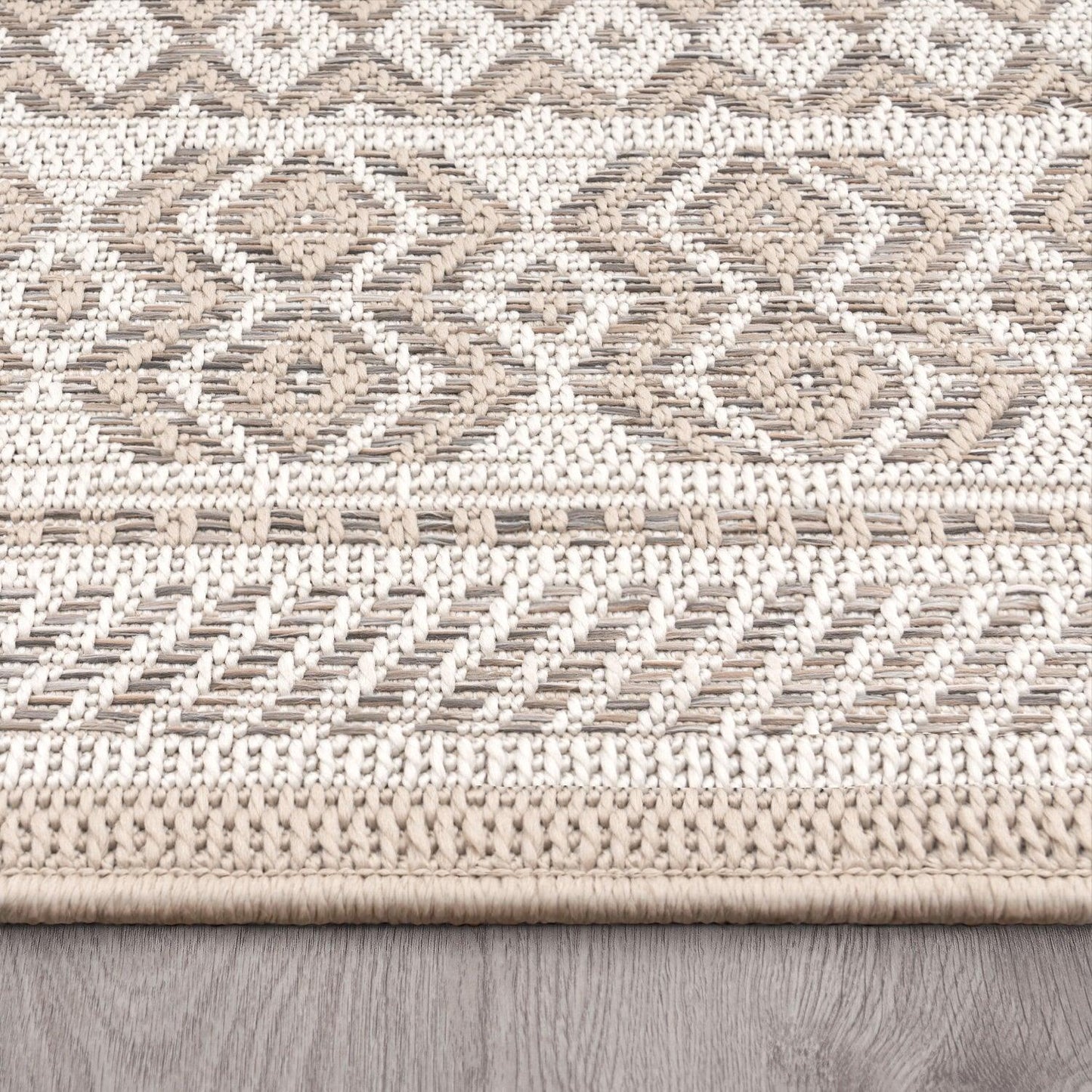 Outdoor Rug for Patio or Balcony Modern flatweave Boho ornaments in Cream Beige - RugYourHome