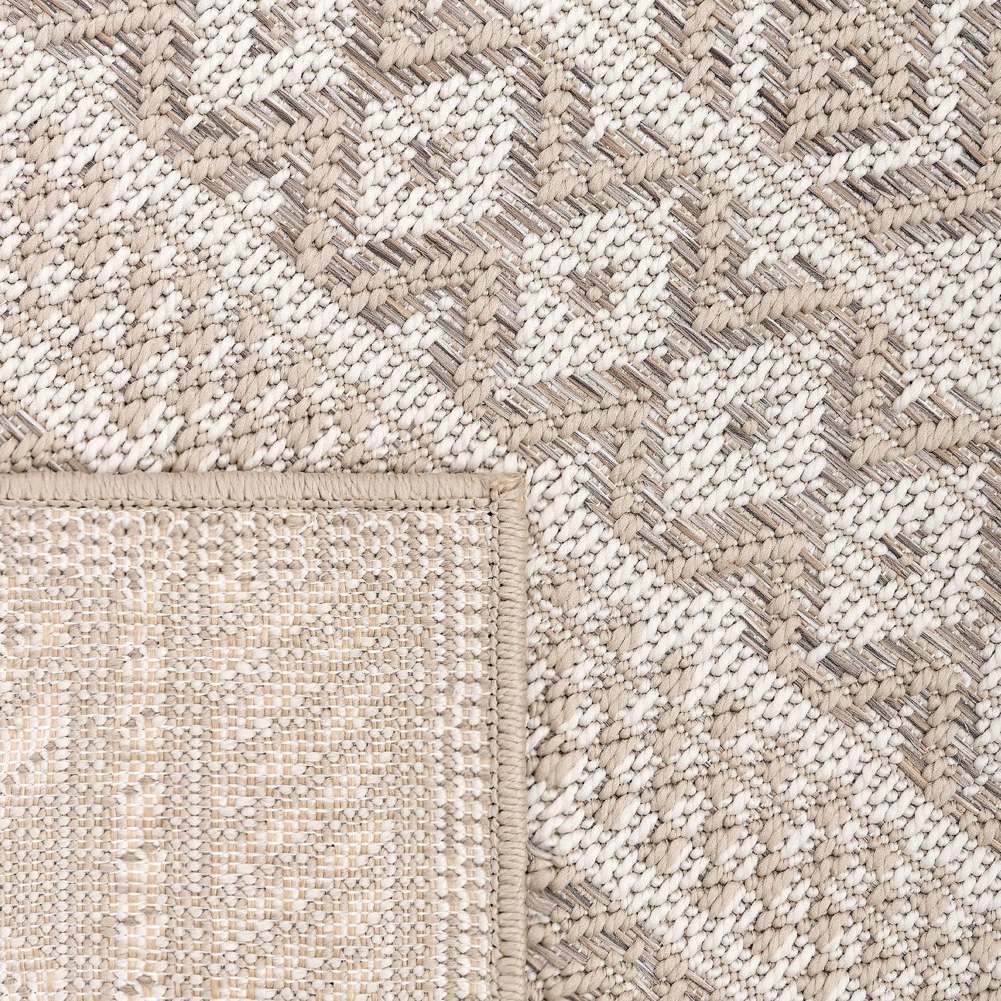 Outdoor Rug for Patio or Balcony Modern flatweave Boho ornaments in Cream Beige - RugYourHome