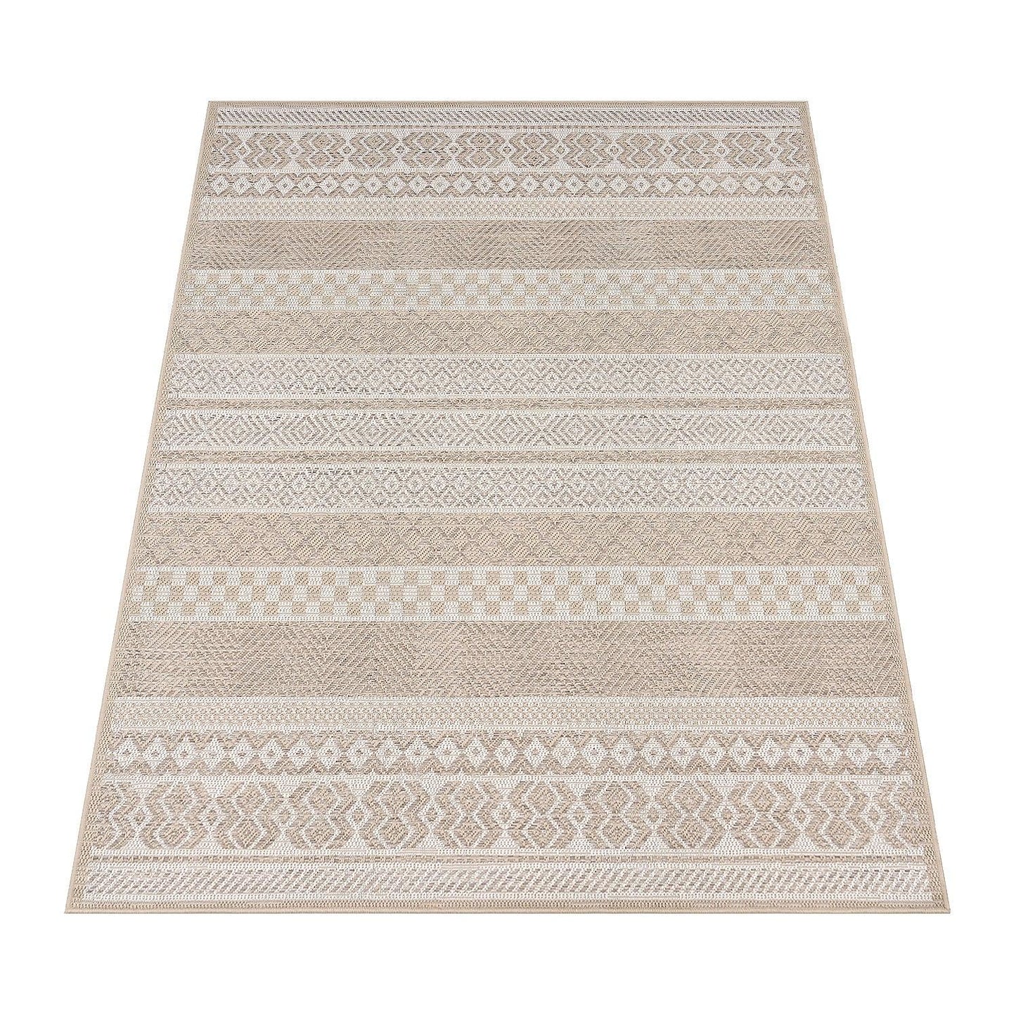 Outdoor Rug for Patio or Balcony Modern flatweave Boho ornaments in Cream Beige - RugYourHome