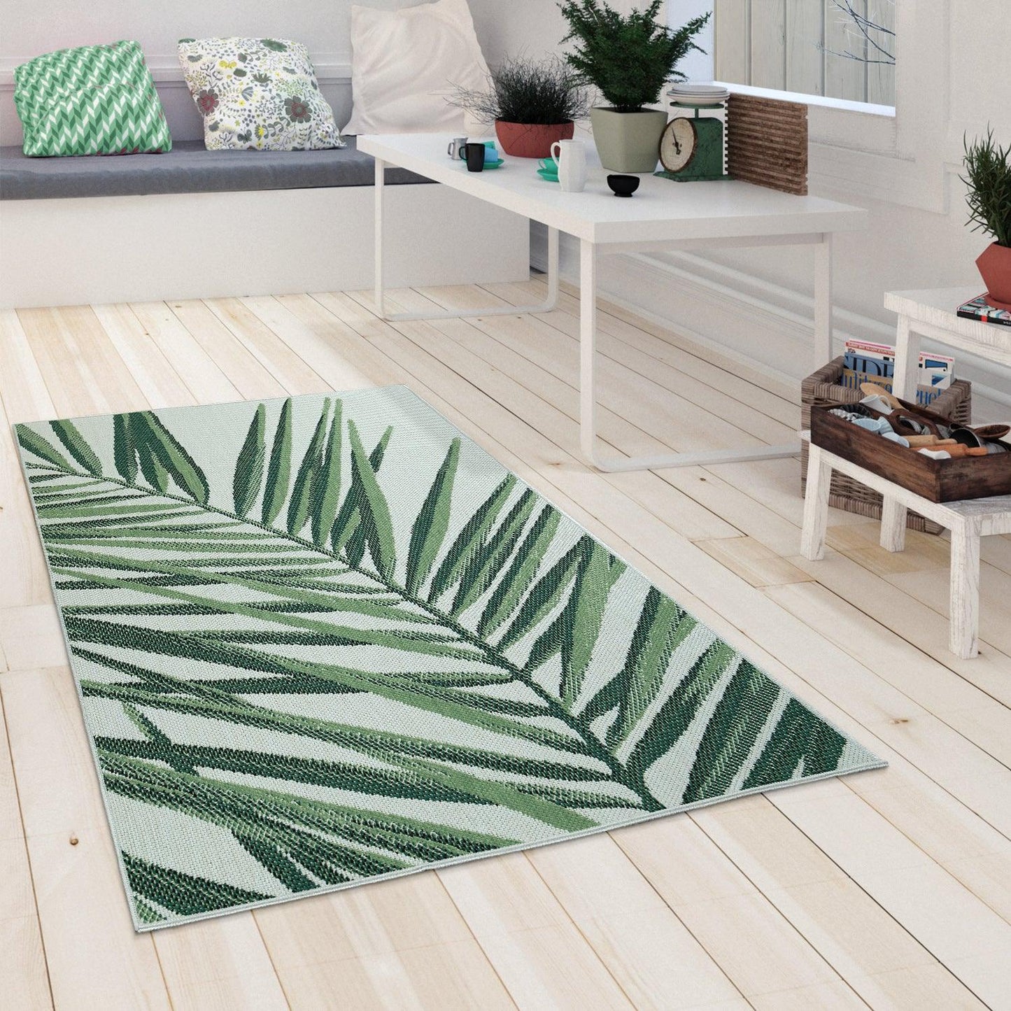 Outdoor Rug Green Beige with Palm Leaf Pattern for Patio Terrace Flat Weave - RugYourHome