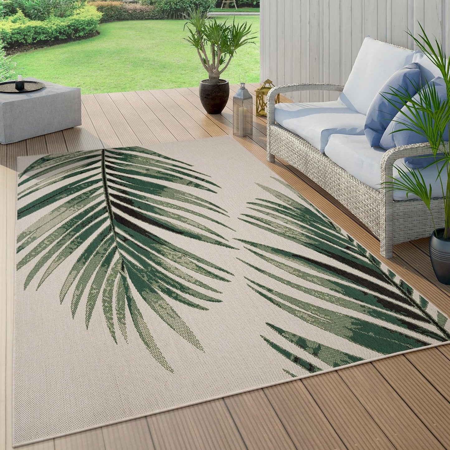 Outdoor Rug Ostende Palm Leaf Design Waterproof - Beige Green - RugYourHome
