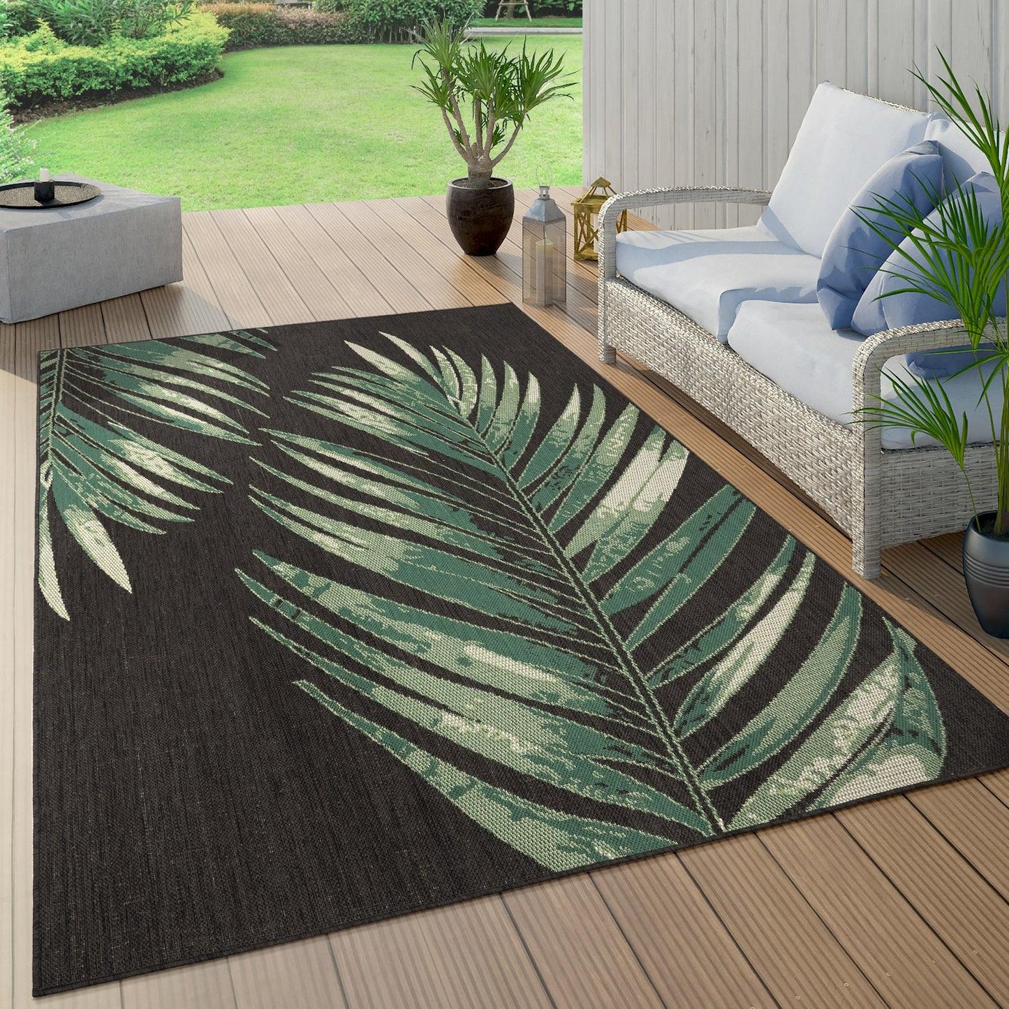 Outdoor Rug Ostende Palm Leaf Design Waterproof - Black Green - RugYourHome
