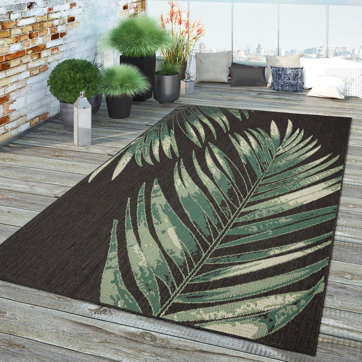 Outdoor Rug Ostende Palm Leaf Design Waterproof - Black Green - RugYourHome