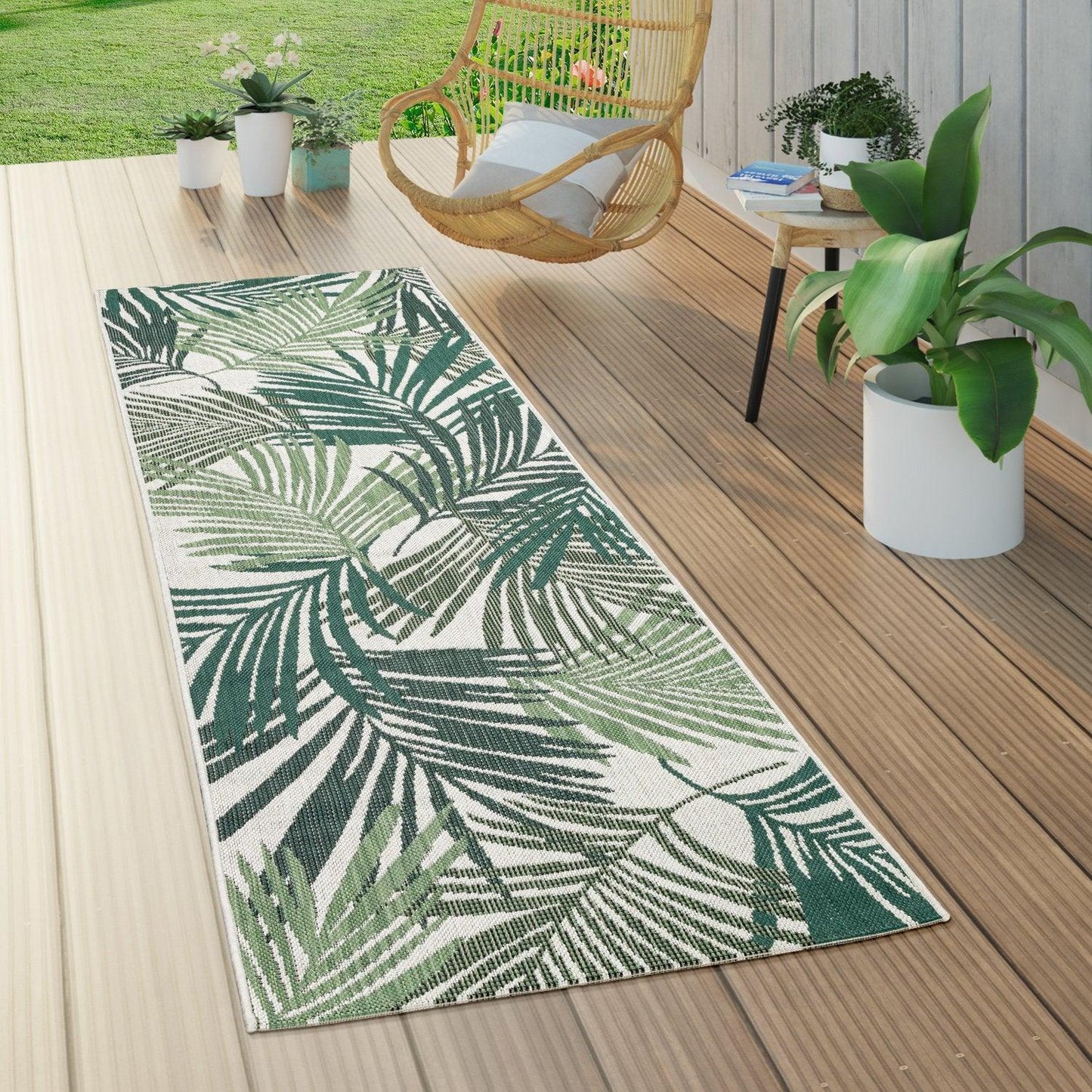 Outdoor Rug Ostende Palm Leaf Pattern - Green White - RugYourHome