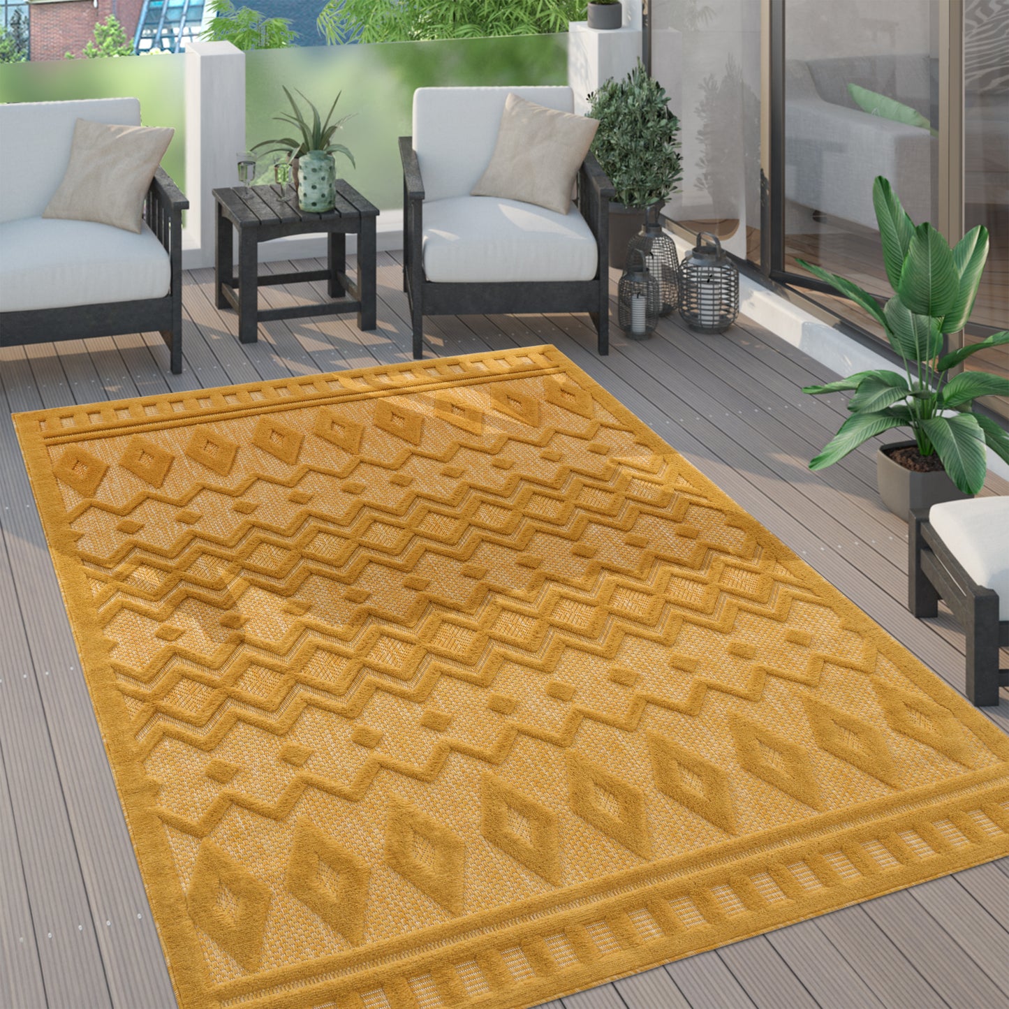 Indoor Outdoor Rug Livorno Geometric Trellis Pattern In Yellow