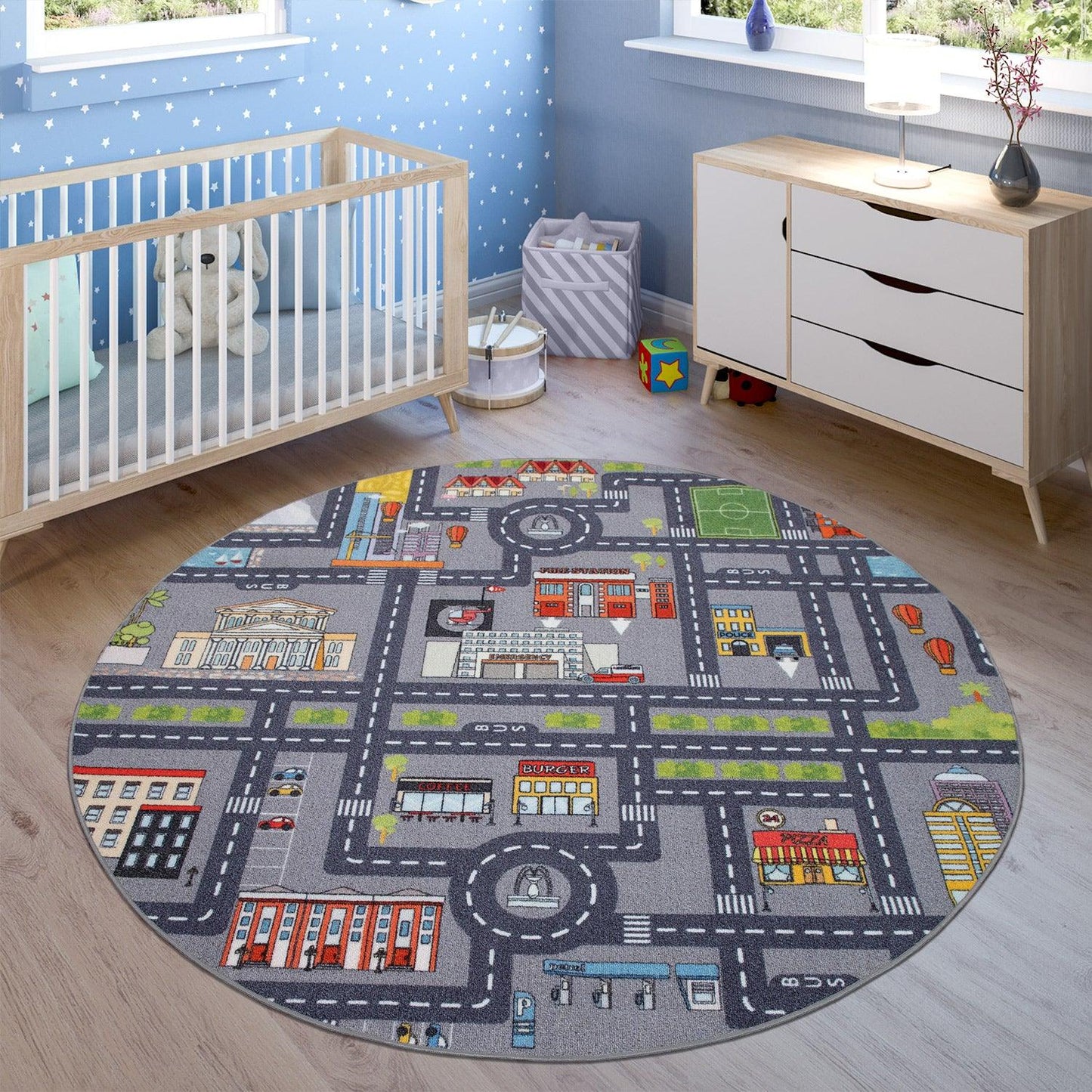 Play Rug for Nursery Cars Roads City Motife for Child's Room in Grey - RugYourHome