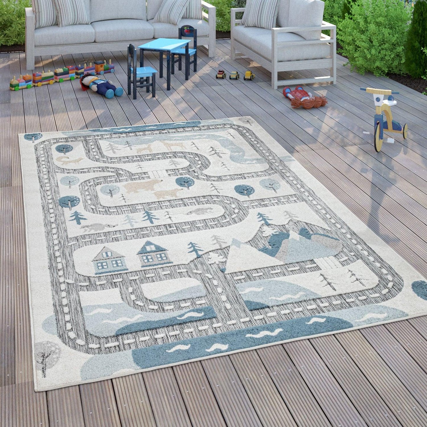 Road Traffic Kids Rug with Forest Animals and Sea Play Mat in muted Cream - RugYourHome