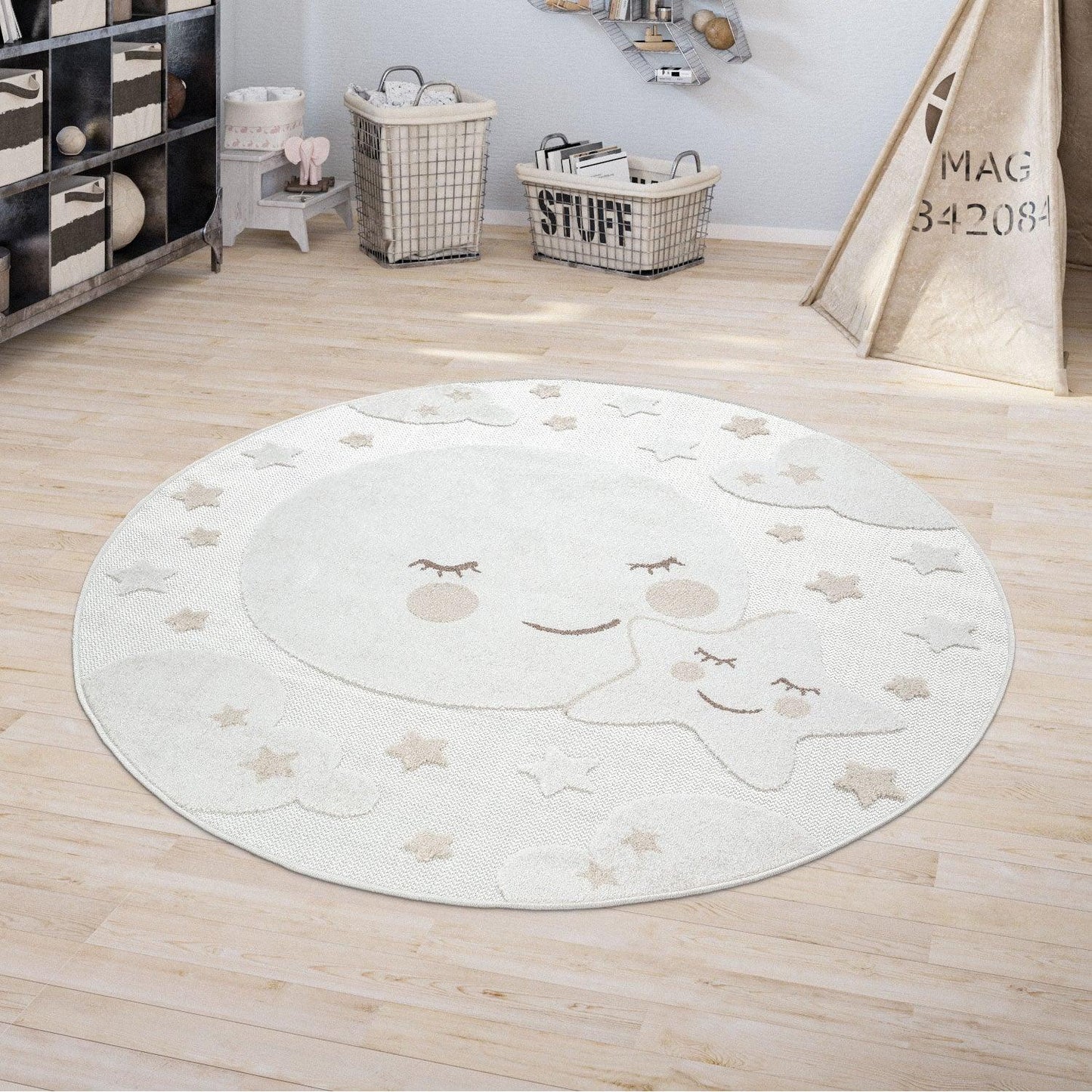 Round Kids Rug Tweet Cuddling Moon & Stars in the Night Sky - Cream Beige - RugYourHome