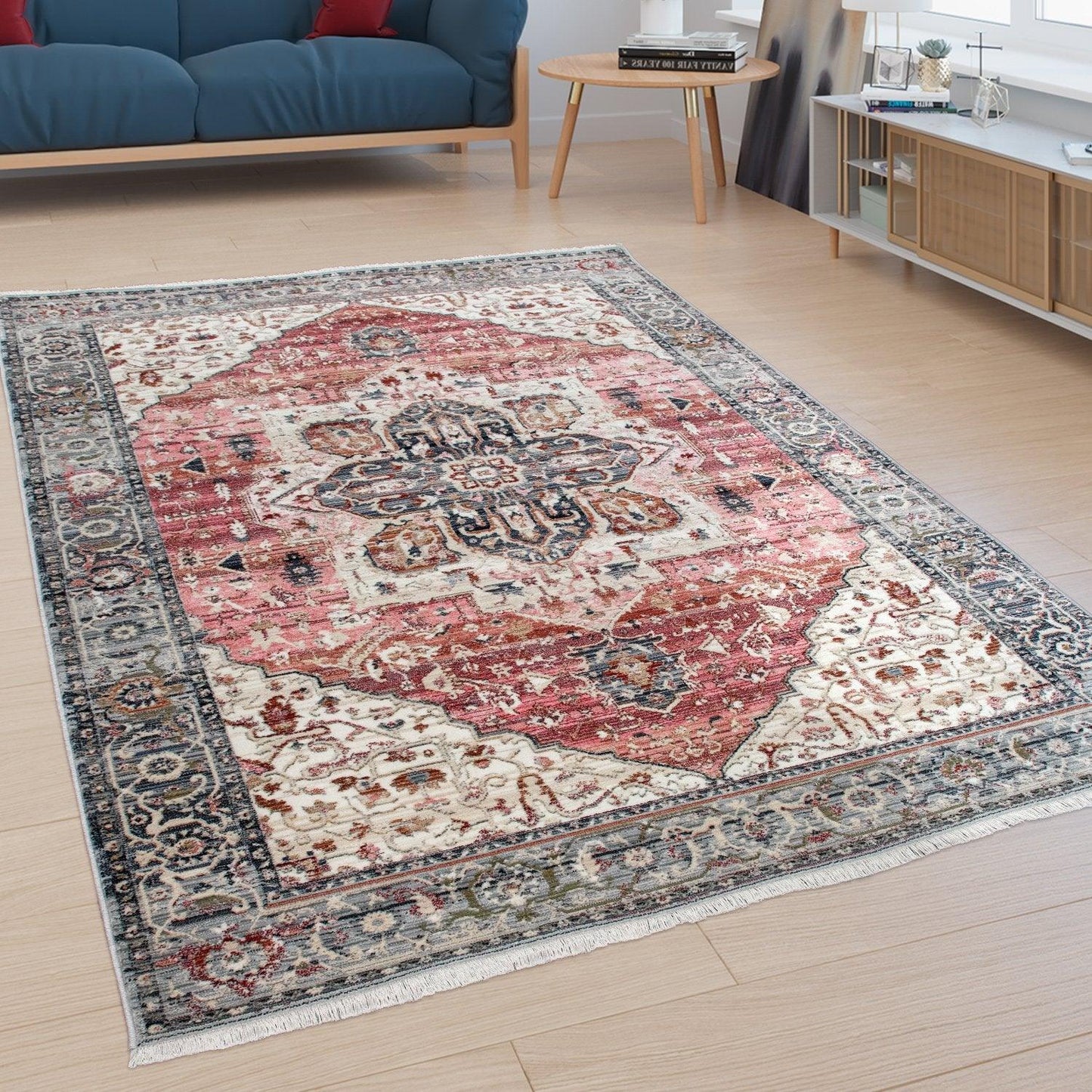 Rug, Short-Pile For Living Rooms, With Oriental Design And Border In Pink, Colourful - RugYourHome