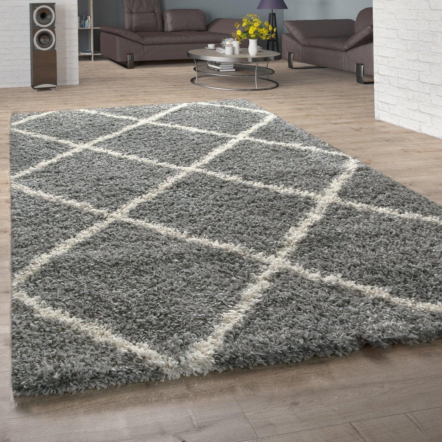 Shag Rug Grey with Diamond Pattern Scandi Design - RugYourHome