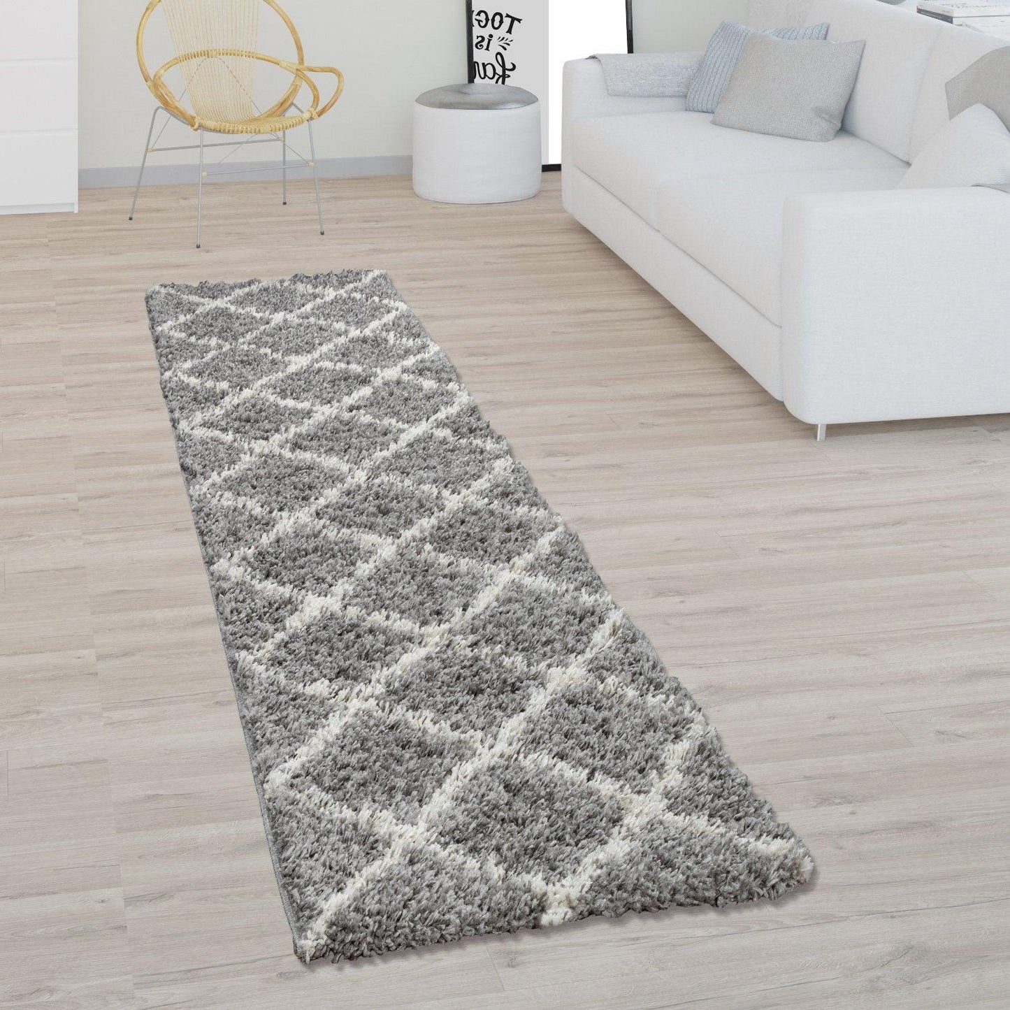 Shag Rug Grey with Diamond Pattern Scandi Design - RugYourHome
