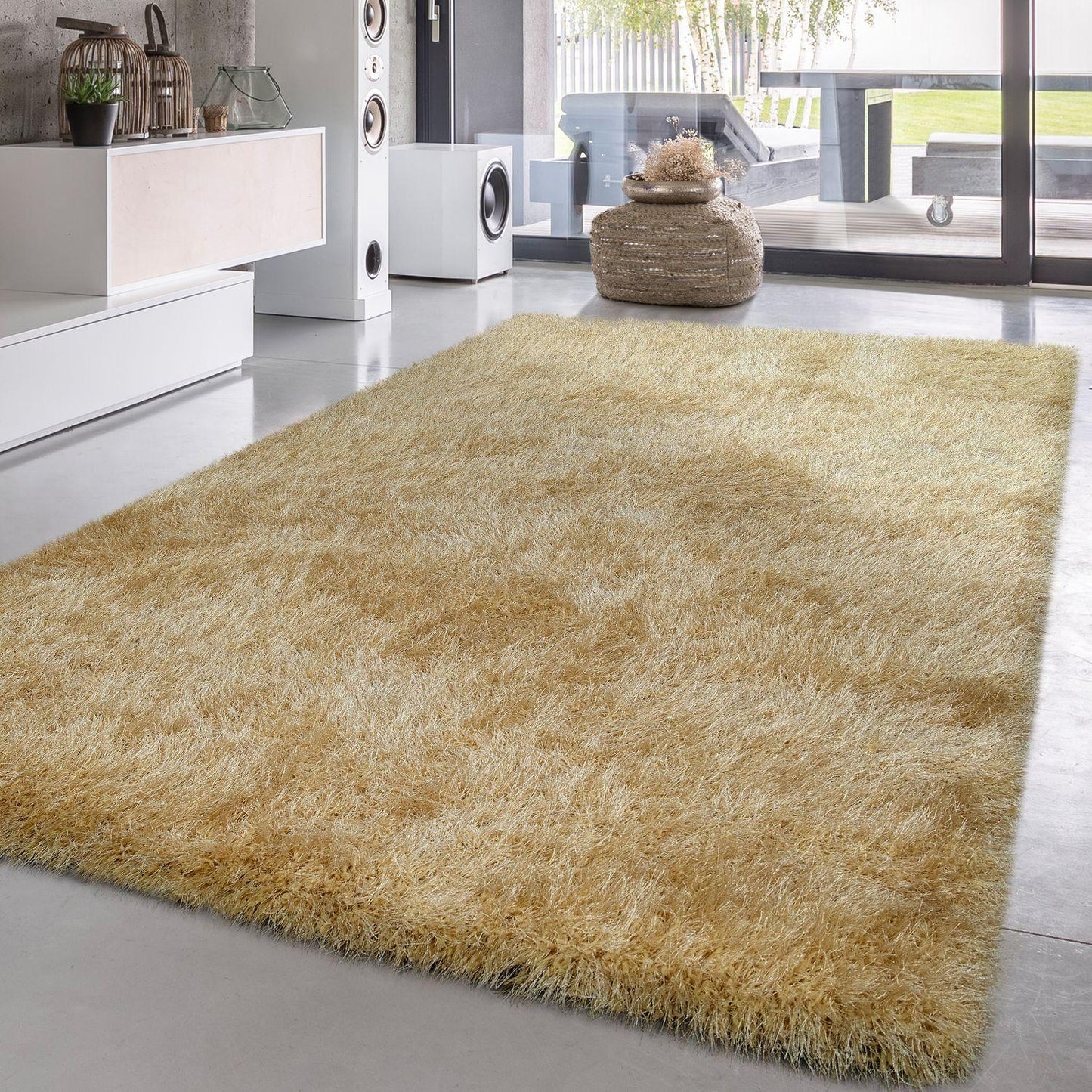 Shag Rug High Pile In Gold For Bedroom & Living Room Fluffy Glossy Pastel Yarn - RugYourHome