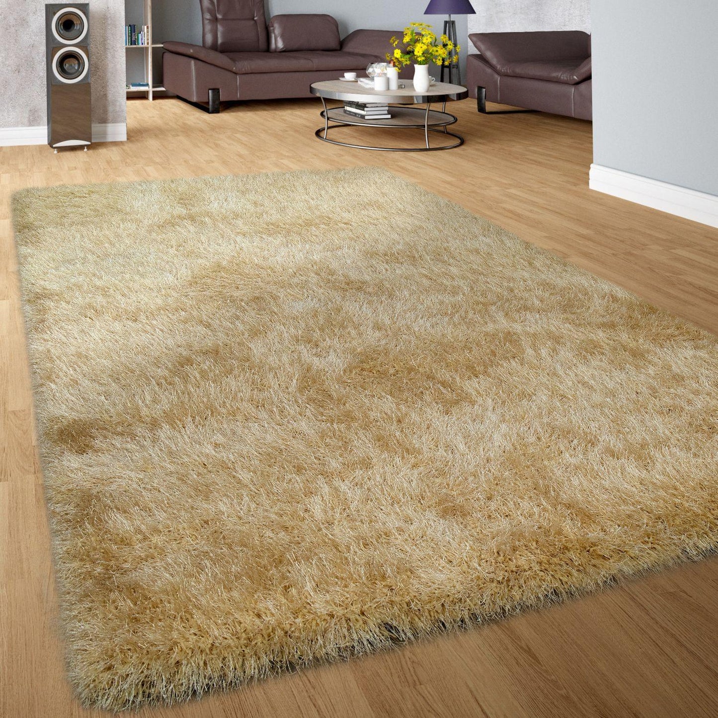 Shag Rug High Pile In Gold For Bedroom & Living Room Fluffy Glossy Pastel Yarn - RugYourHome