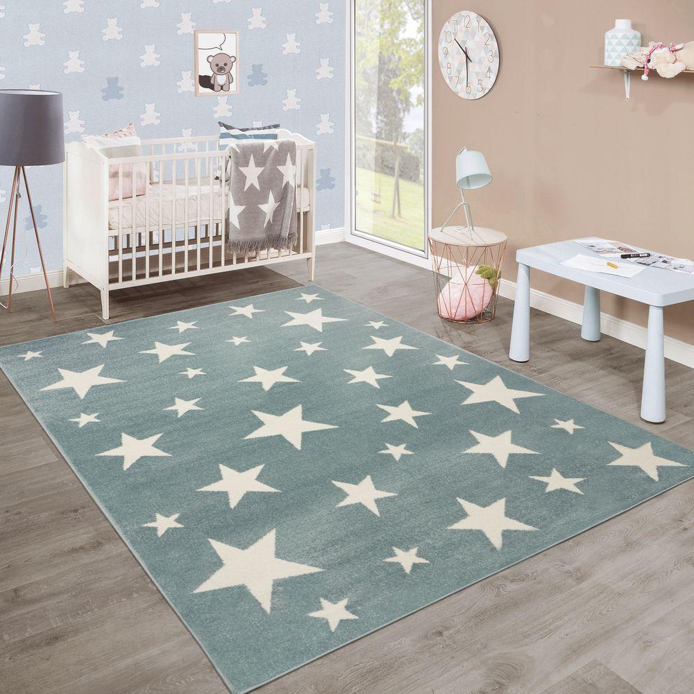 Stars Rug Kids for Nursery in Green White Pastel Colors - RugYourHome