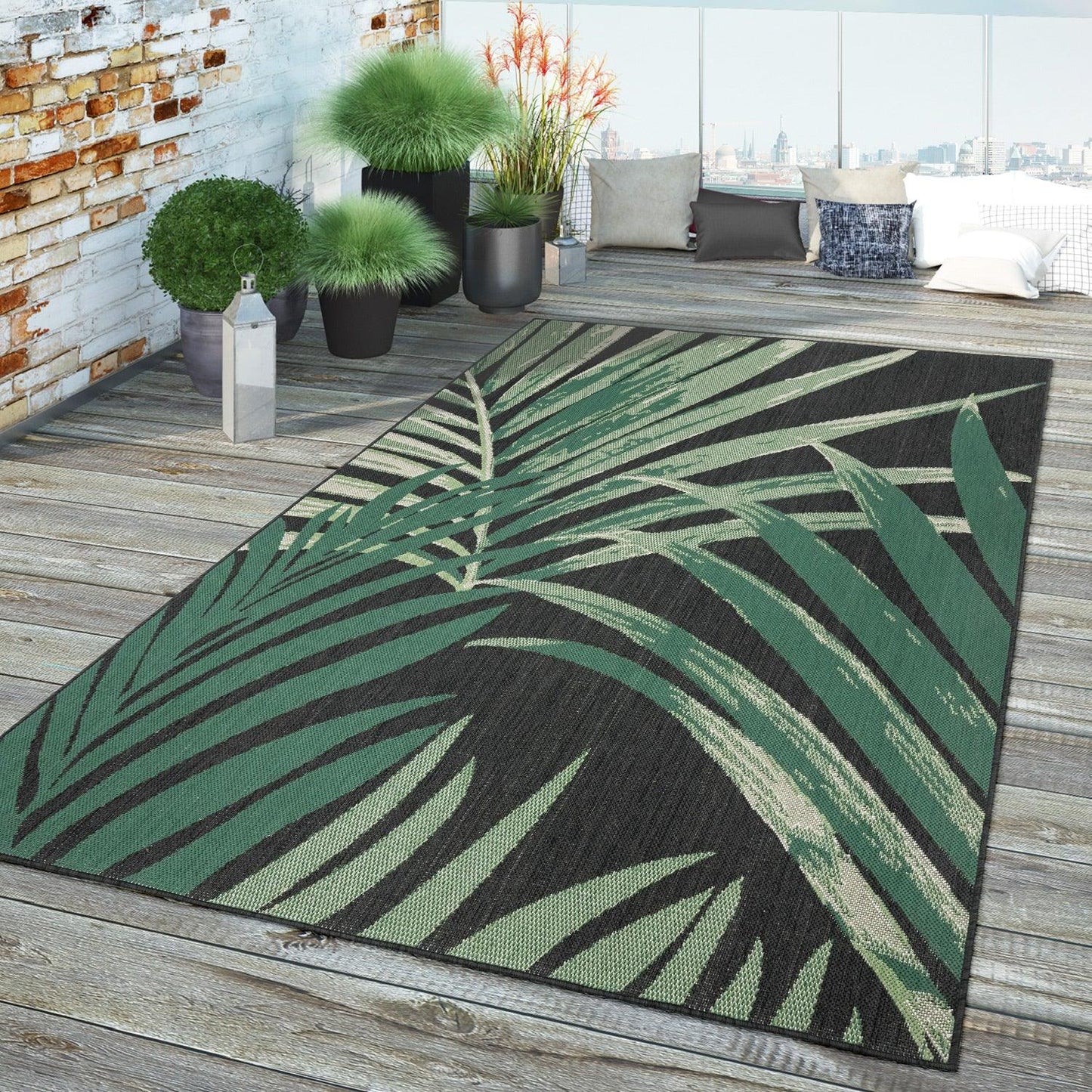 Tropical Outdoor Rug Ostende Palm Trees - Black Green - RugYourHome