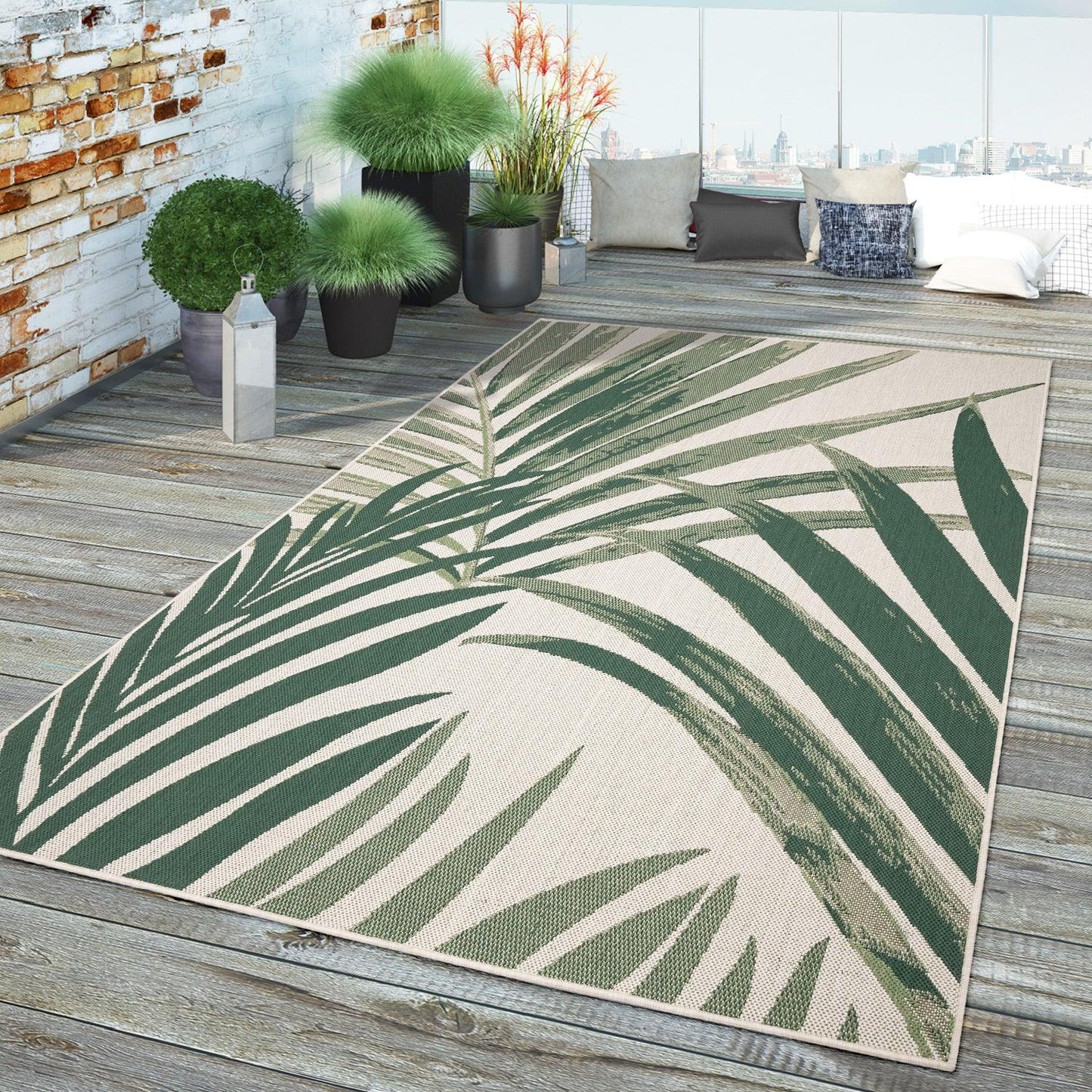 Tropical Outdoor Rug Ostende Palm Trees - Green Beige - RugYourHome