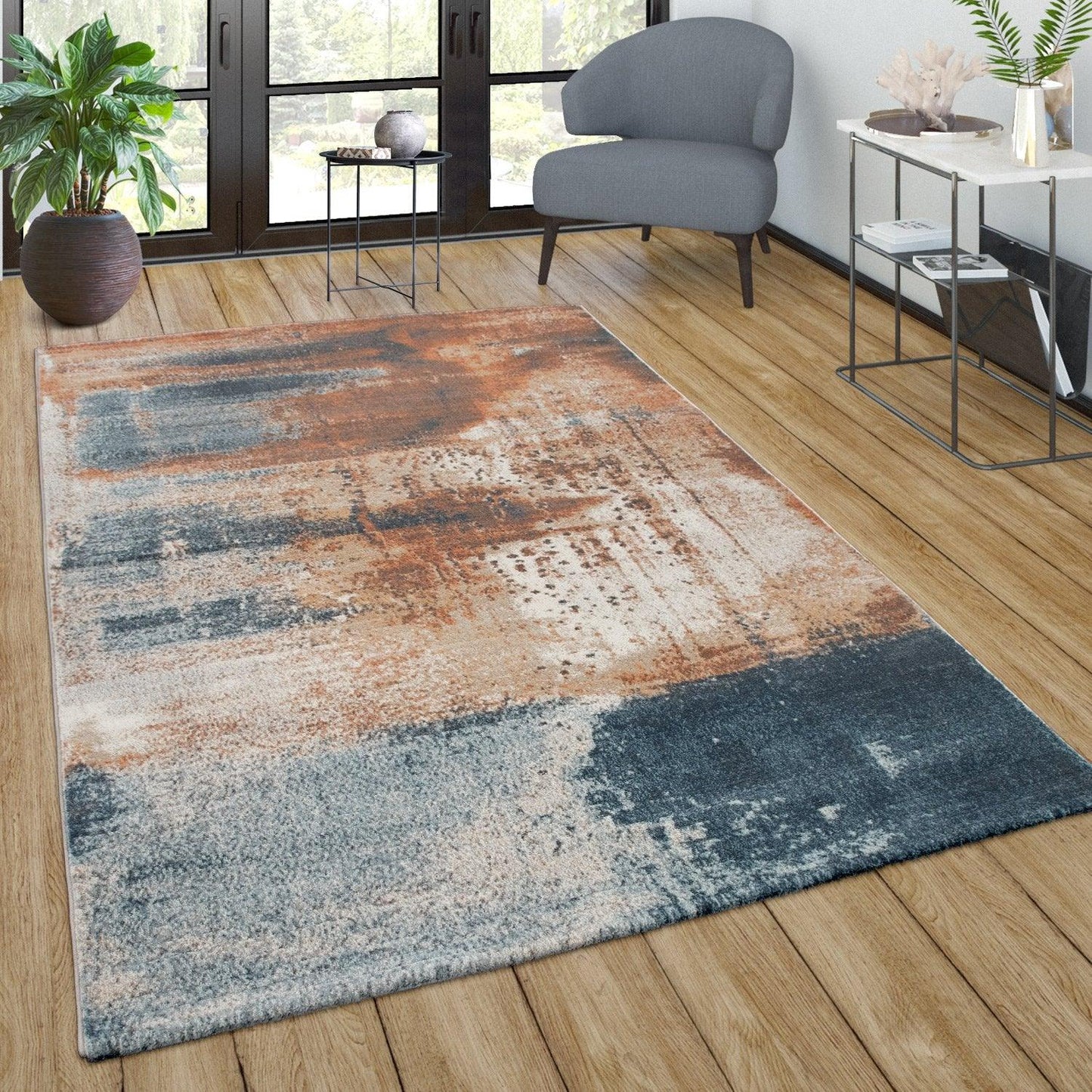 Vintage Rug Low-Pile Abstract Pattern In Orange Blue - RugYourHome