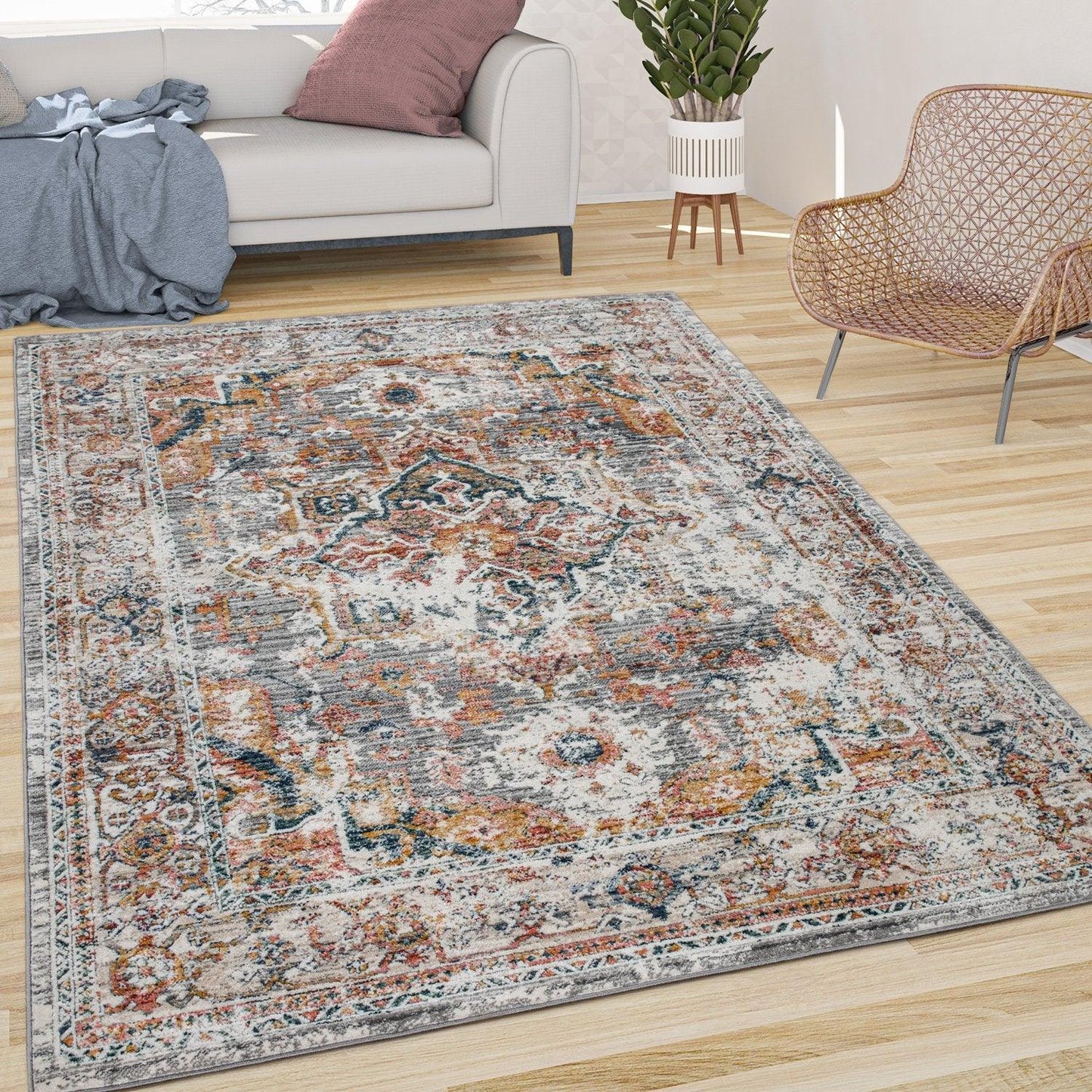 Vintage Rug Oriental Ornaments Border Cream Grey Orange - RugYourHome