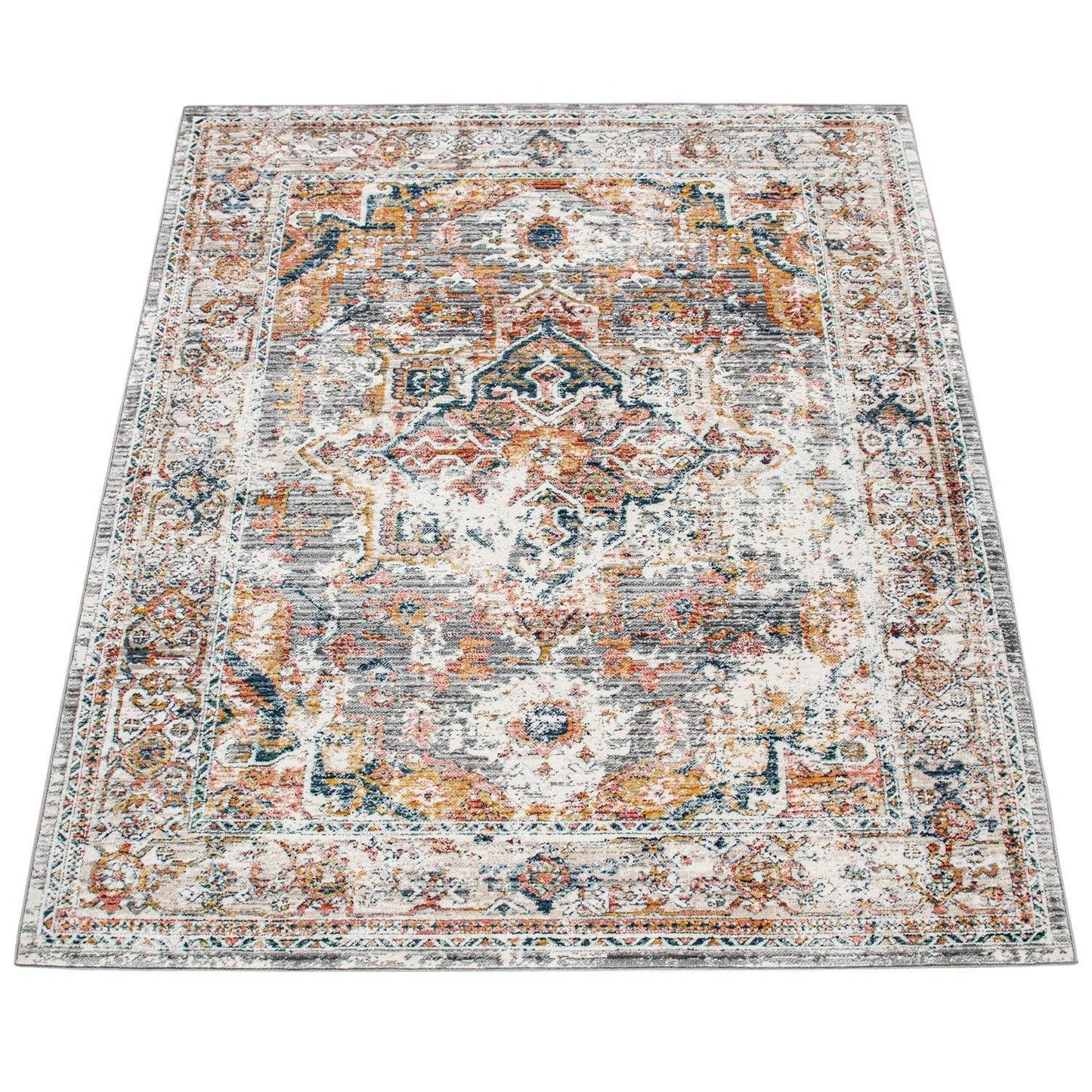 Vintage Rug Oriental Ornaments Border Cream Grey Orange - RugYourHome
