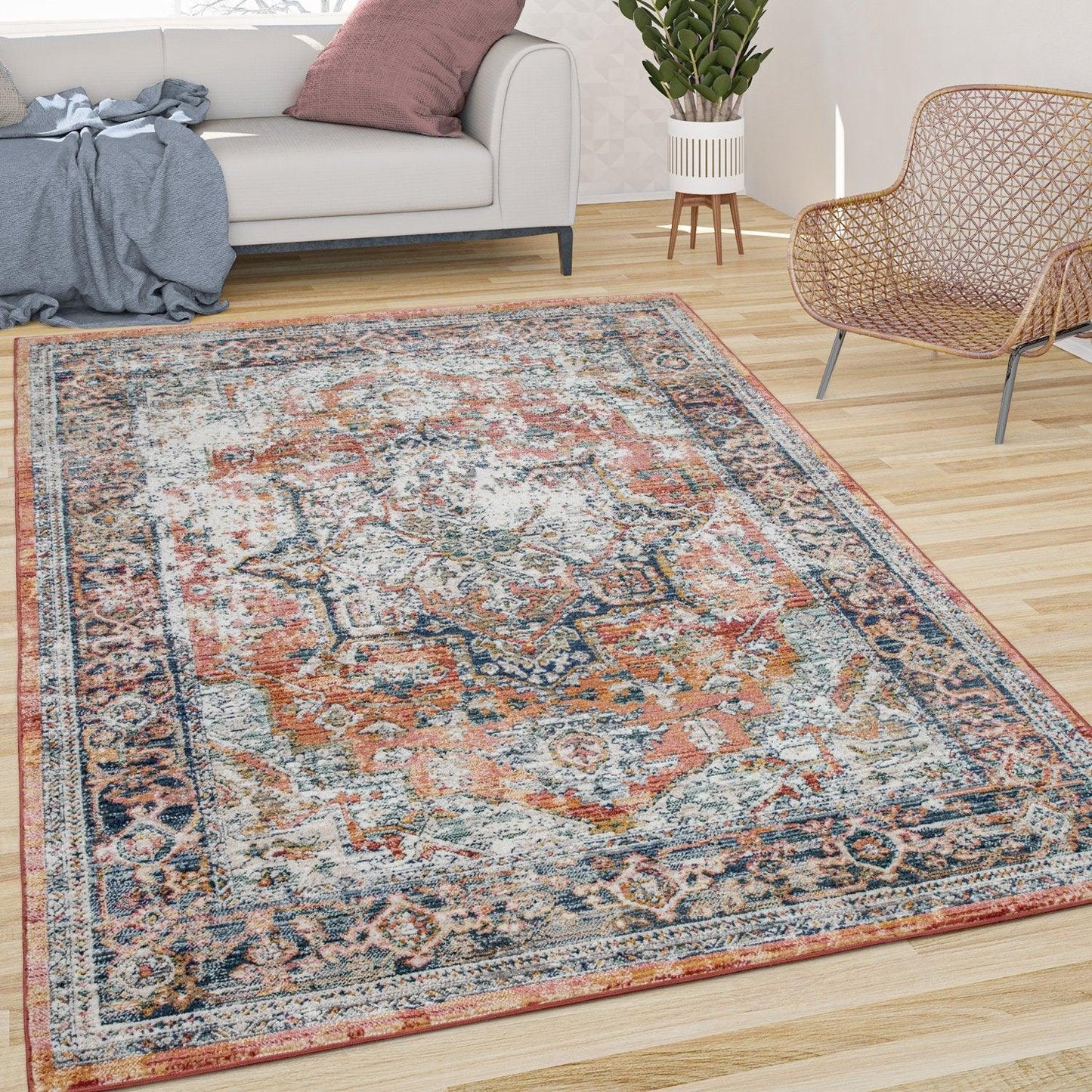 Vintage Rug Oriental Ornaments Border Red Blue Grey - RugYourHome