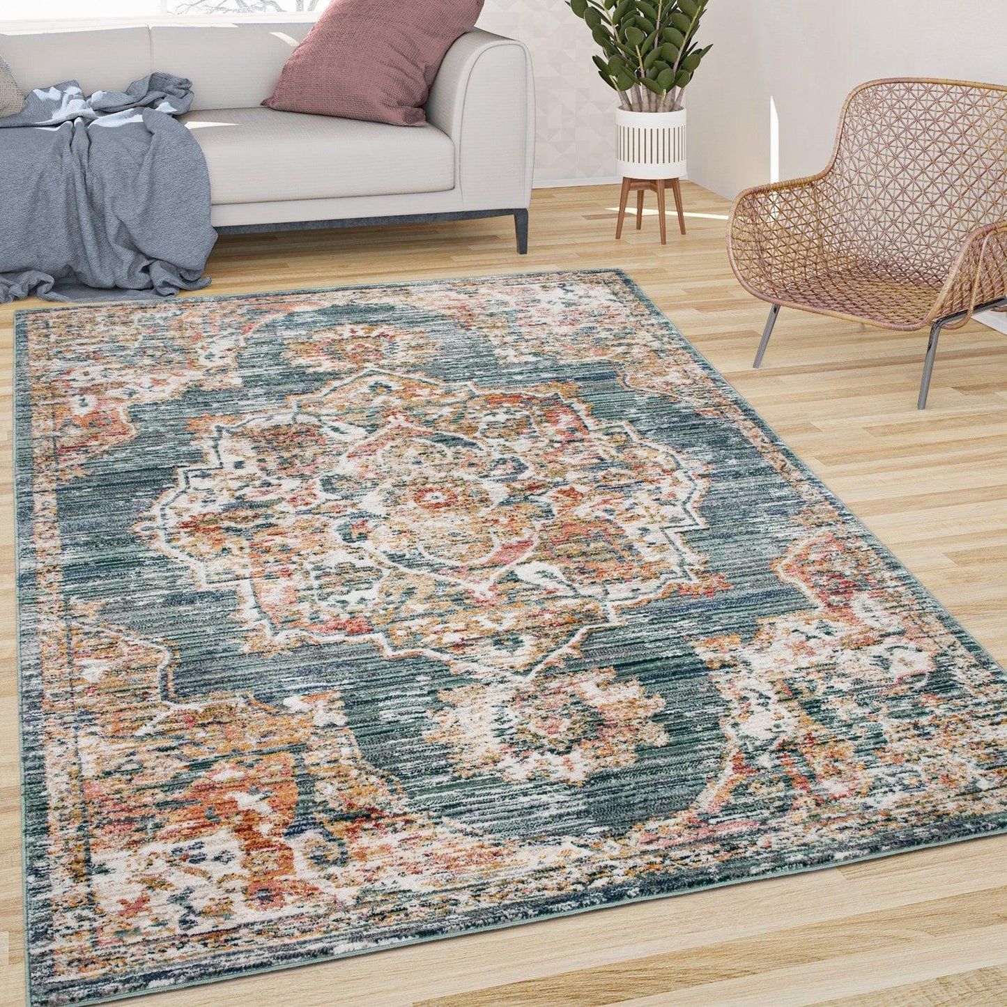 Vintage Rug Oriental Ornaments With Border Blue Green Multicolor - RugYourHome