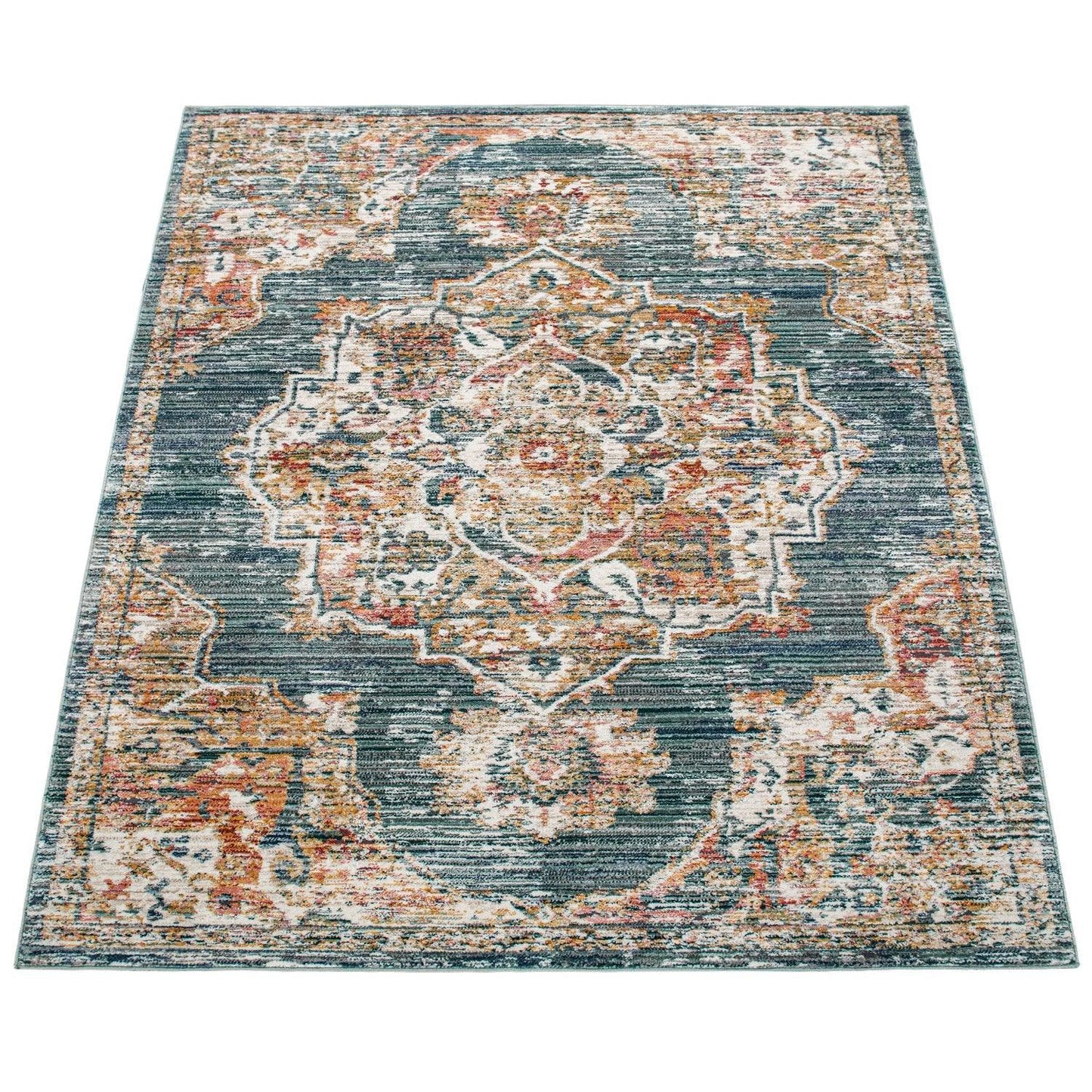Vintage Rug Oriental Ornaments With Border Blue Green Multicolor - RugYourHome