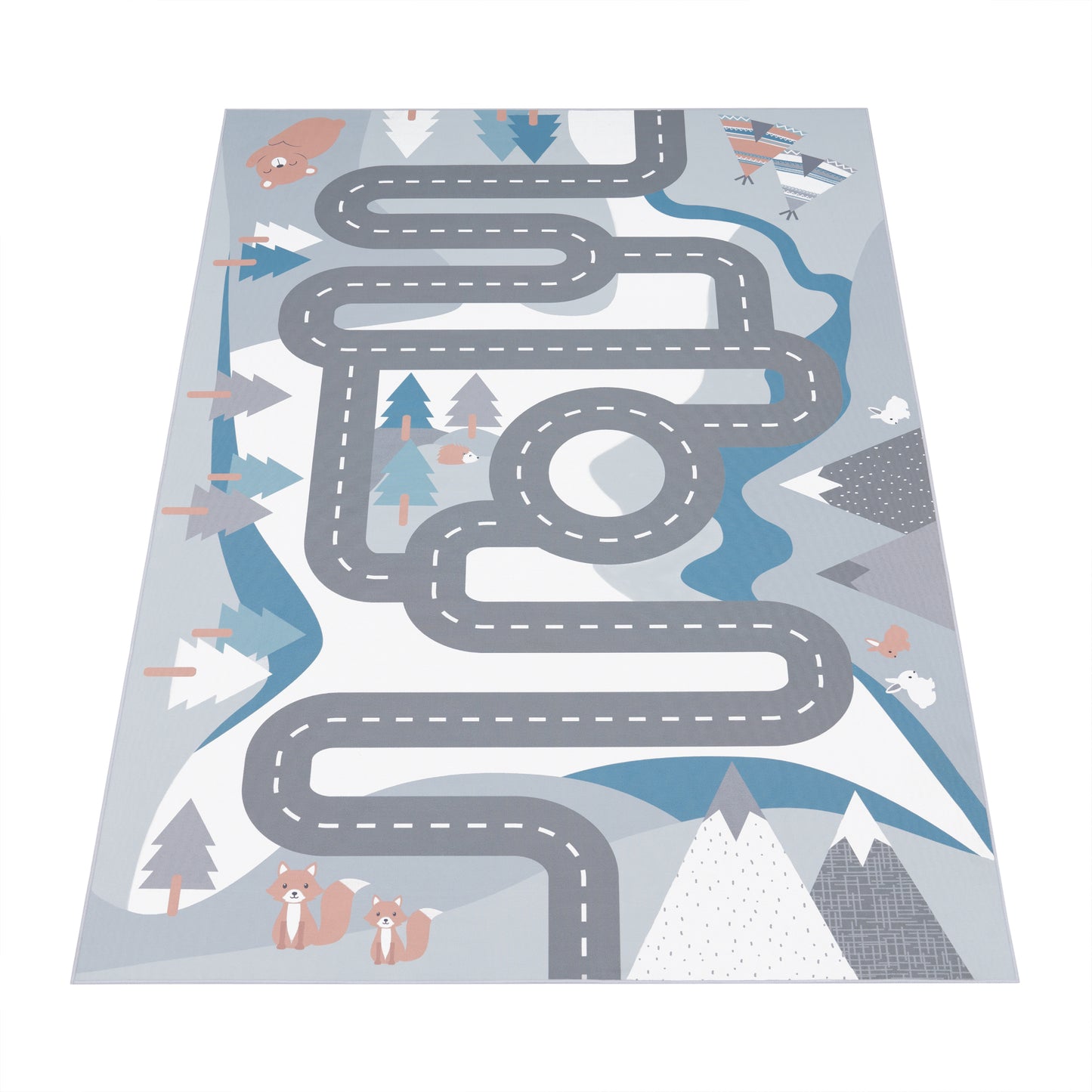 Kids Play Rug For Nursery Road With Forest Animals grey blue