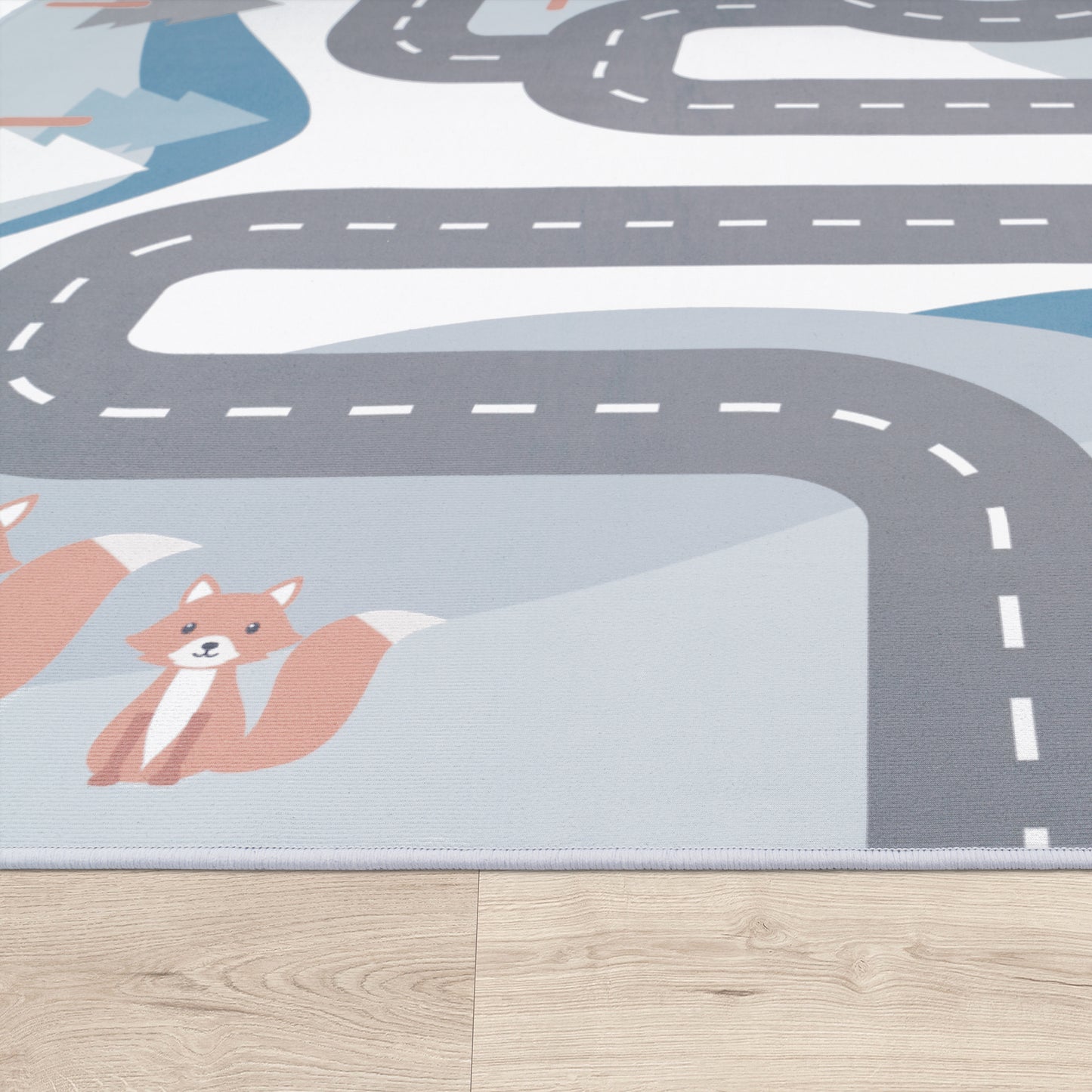 Kids Play Rug For Nursery Road With Forest Animals grey blue
