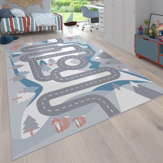Kids Play Rug For Nursery Road With Forest Animals grey blue