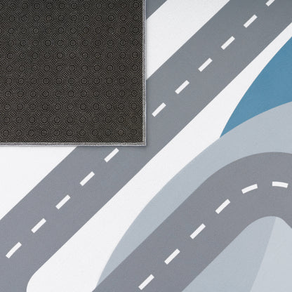 Kids Play Rug For Nursery Road With Forest Animals grey blue