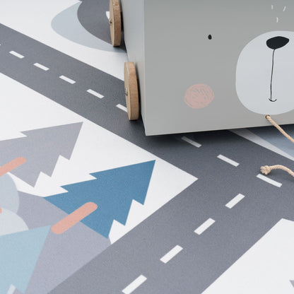 Kids Play Rug For Nursery Road With Forest Animals grey blue
