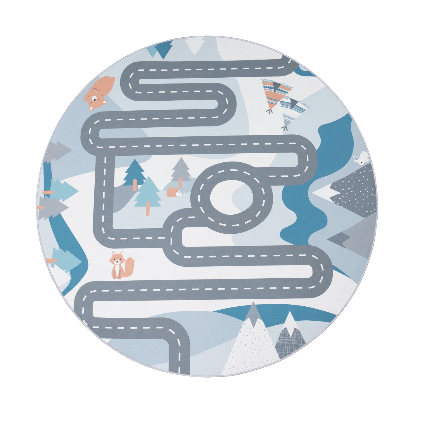 Kids Play Rug For Nursery Road With Forest Animals grey blue