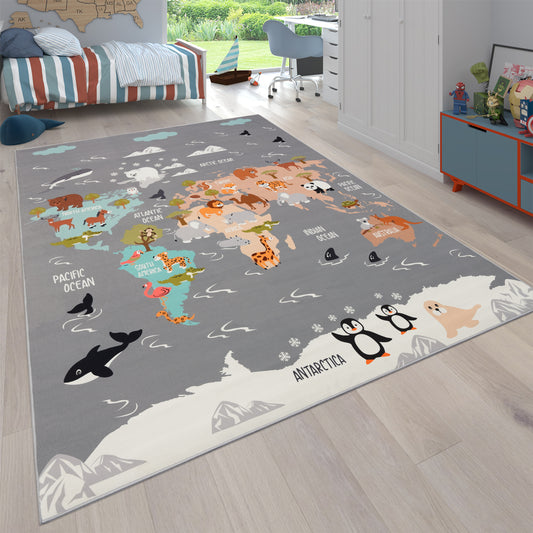 Play Mat Lilo Educational Kids Rug with World Map & Animals in Grey